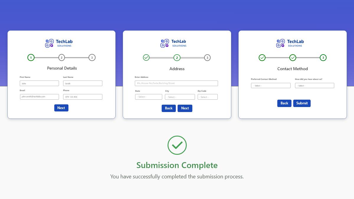 Screenshot of a sample completed submission form made with Caspio's Multi Step Form customization.