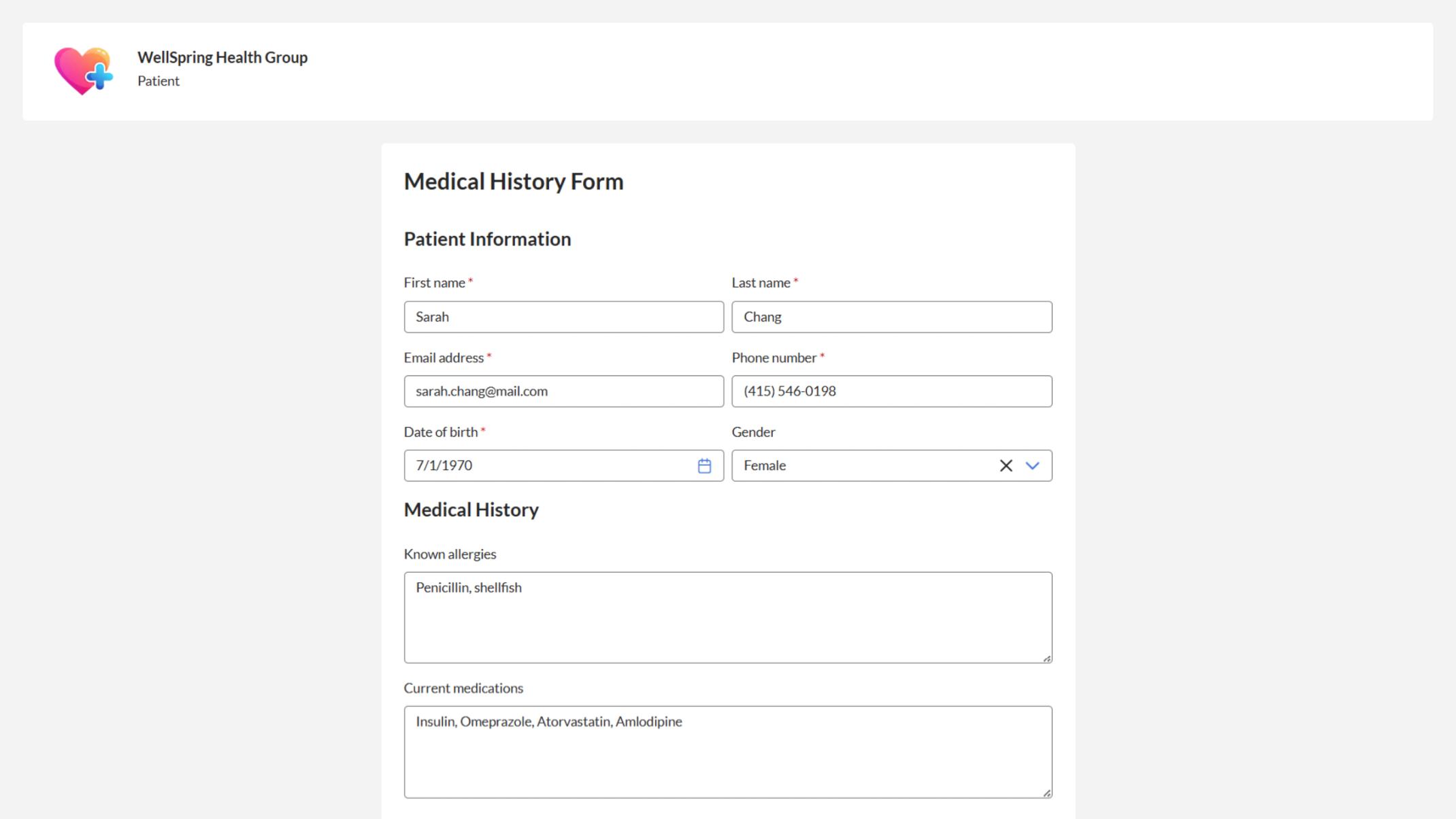 Shows standard medical questions including health conditions, medications, allergies, and lifestyle habits.