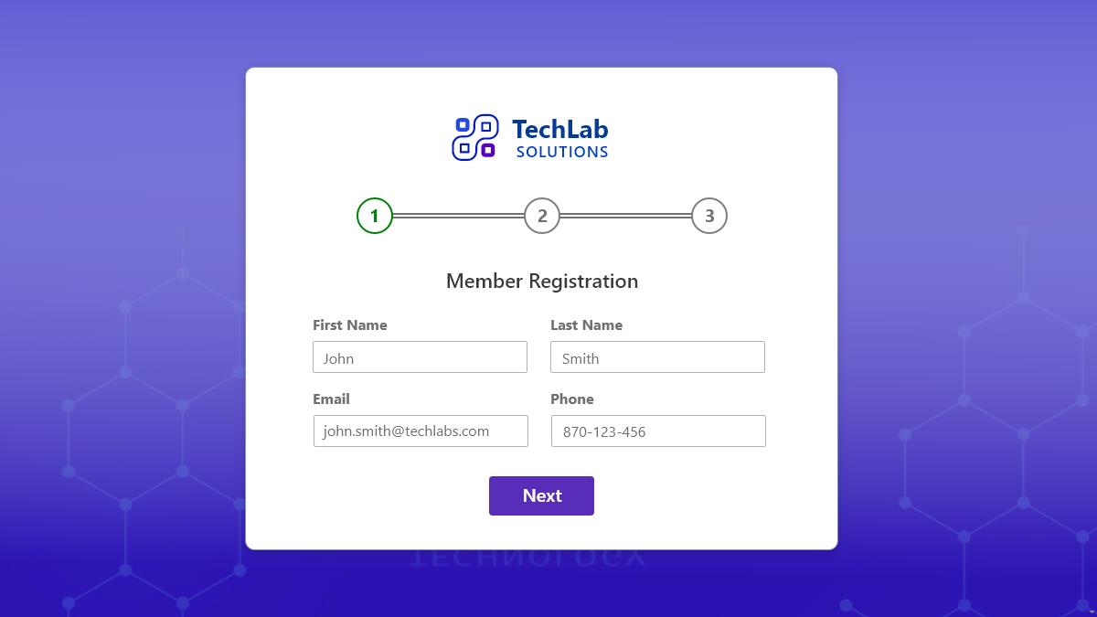 Screenshot of a sample member registration form made with Caspio's Multi Step Form customization.
