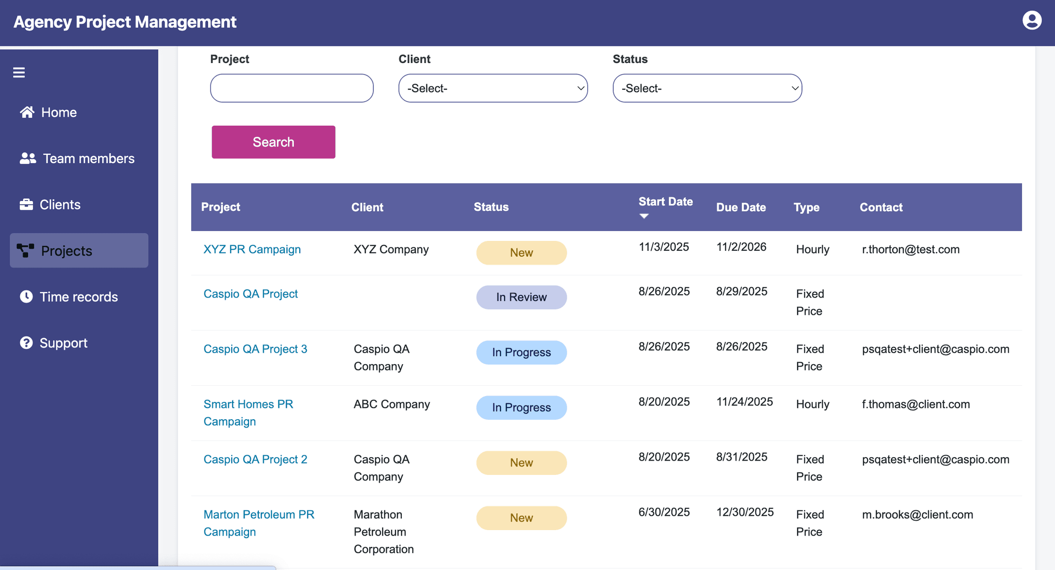 Screenshot of a sample full view admin portal - projects view on Watkyn's Agency Project Management app.