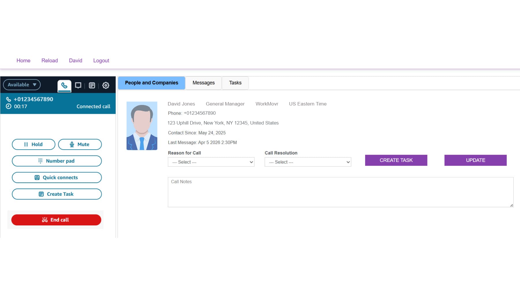 Inbound call screen from the High Volume Call Center, displaying customer details with Reason for Call, Call Resolution and Create Task controls.