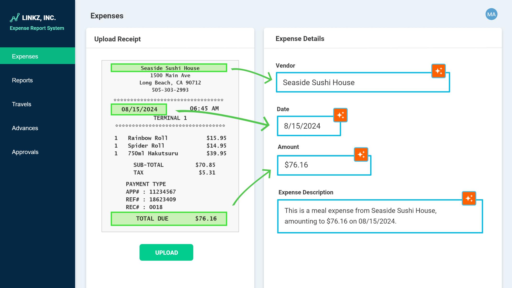 Expense tracking application extracting information from a photo of a receipt using AI-powered GPT Connect.