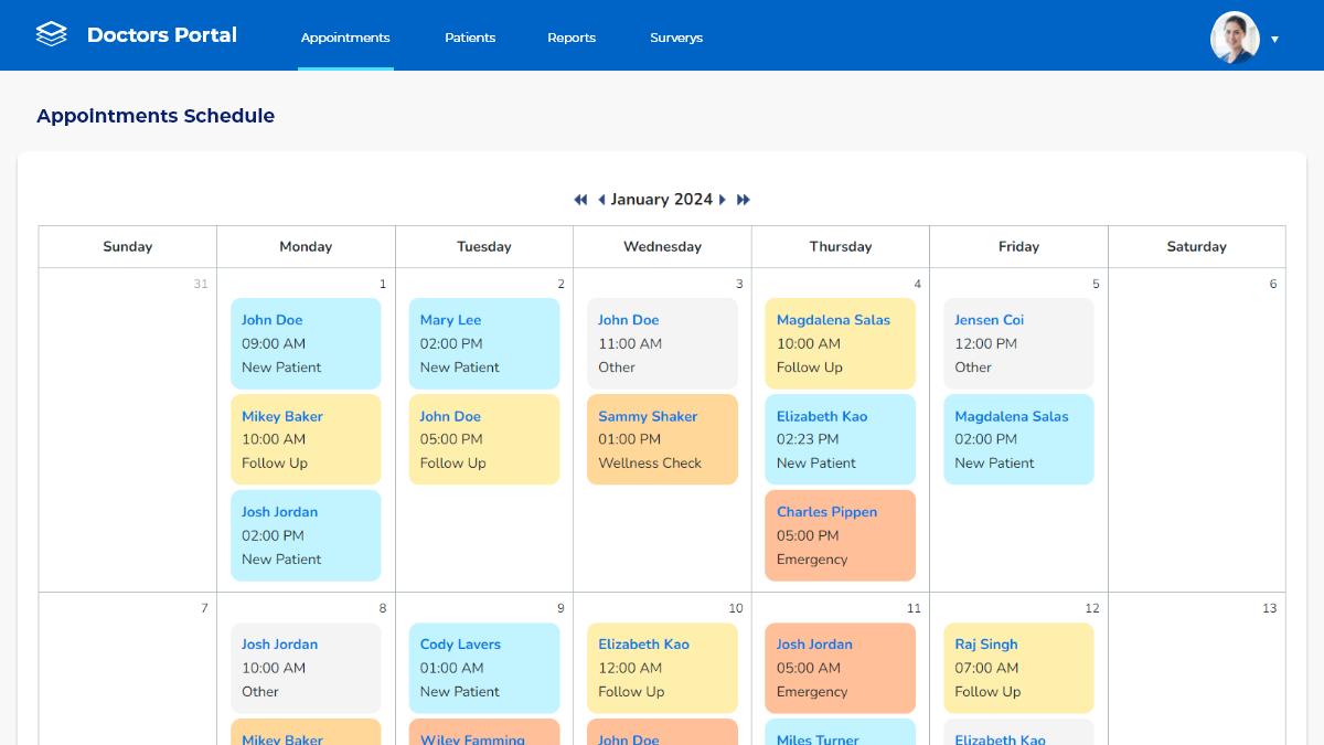 Screenshot of a sample appointments calendar made with Caspio's Custom Calendar customization.