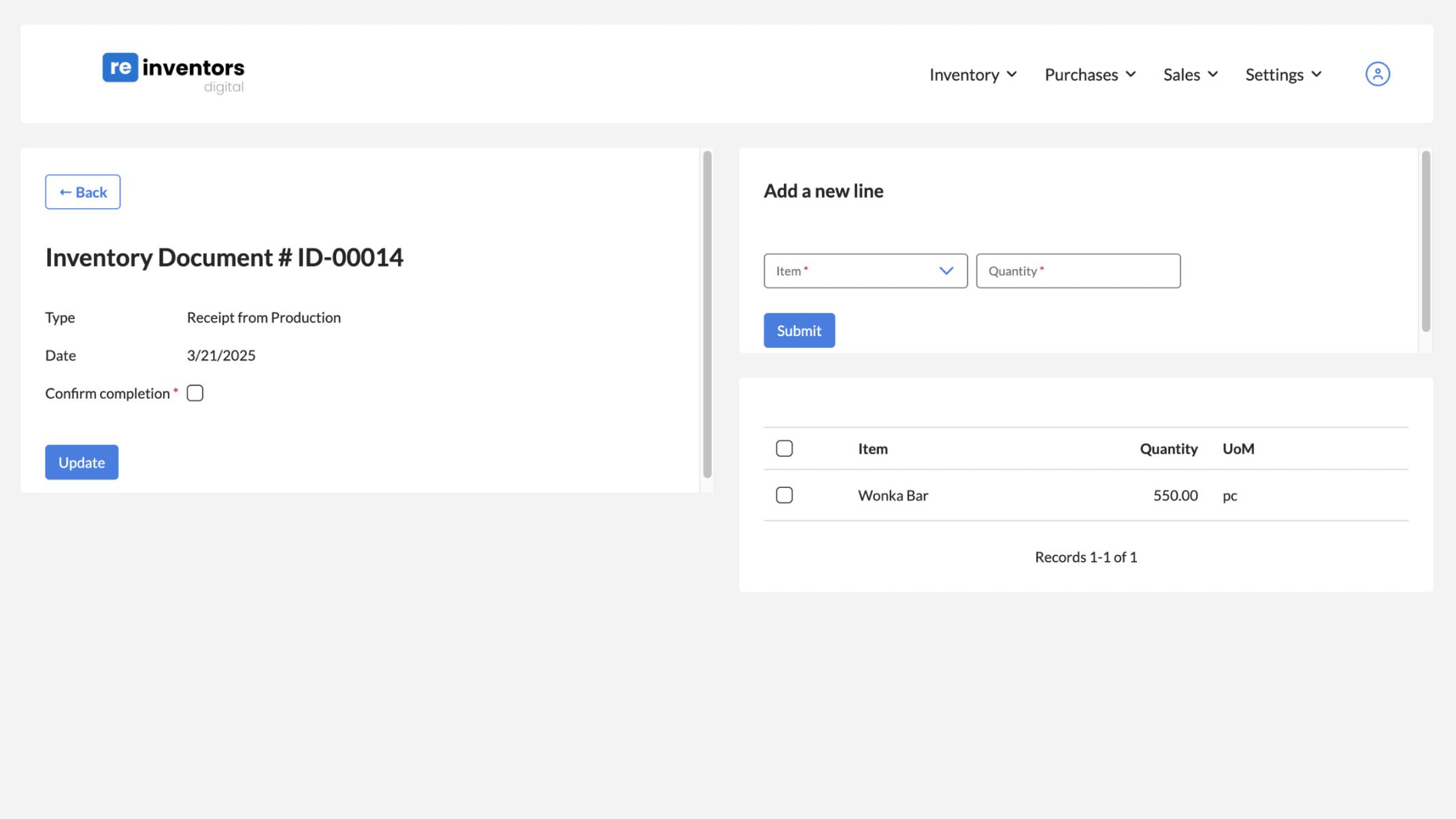 Screenshot of an inventory document details in Reinventors' Inventory Control app.