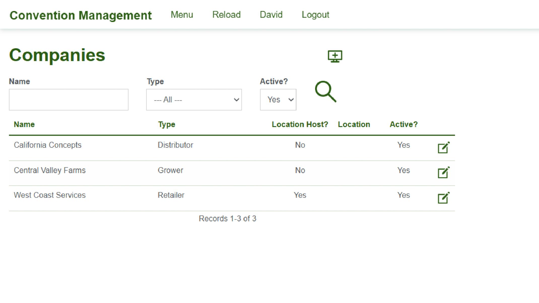 Screenshot of the Companies section in a Convention Management system, displaying a searchable list of company records with filtering and editing options.
