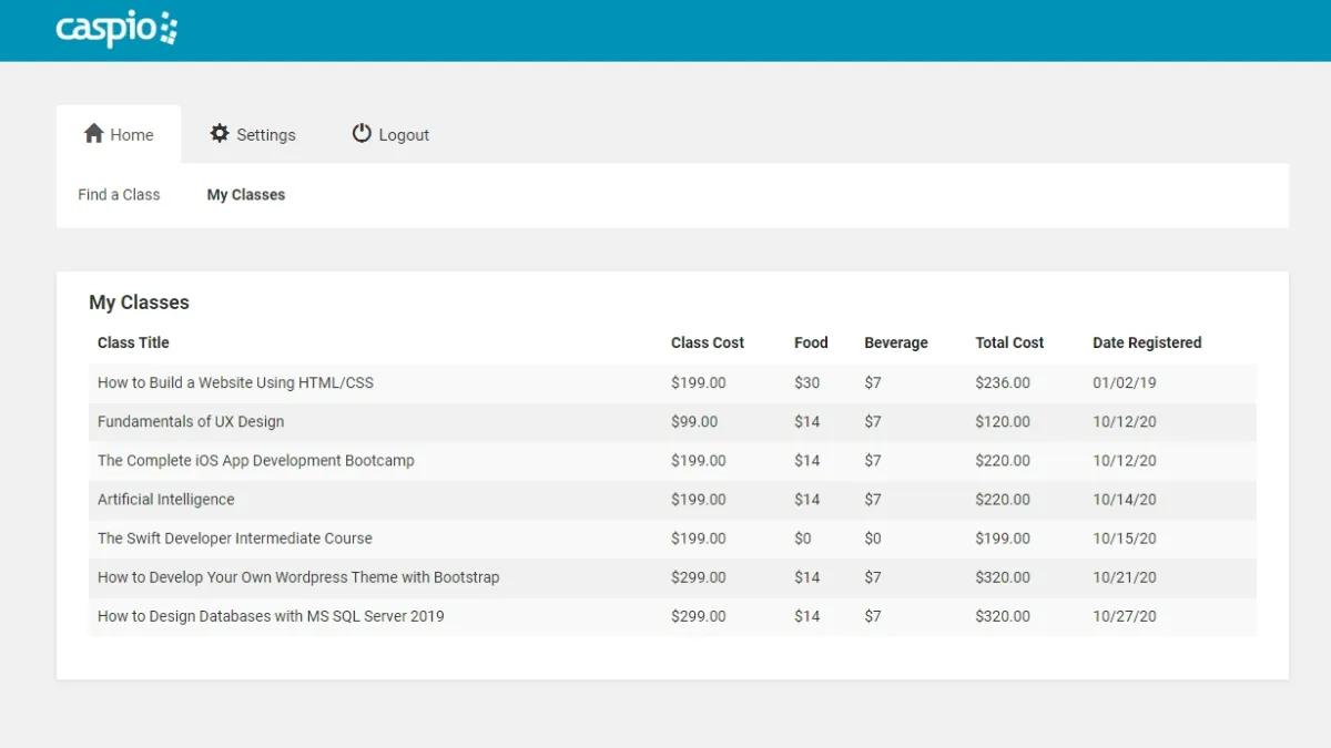 Screenshot of a sample classes listing on Caspio's Training Management app.