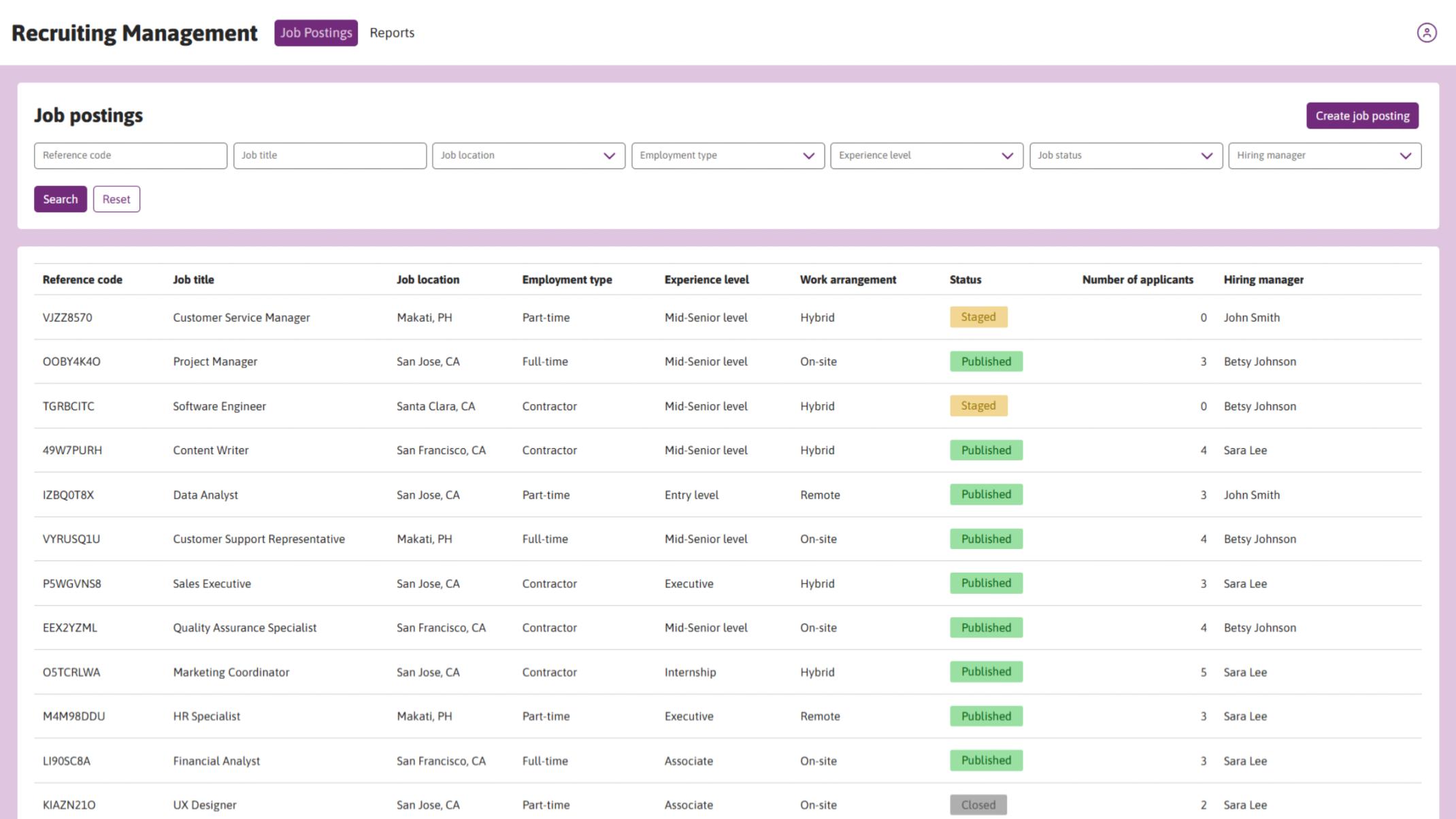 HR can search and manage job postings with a searchable report.