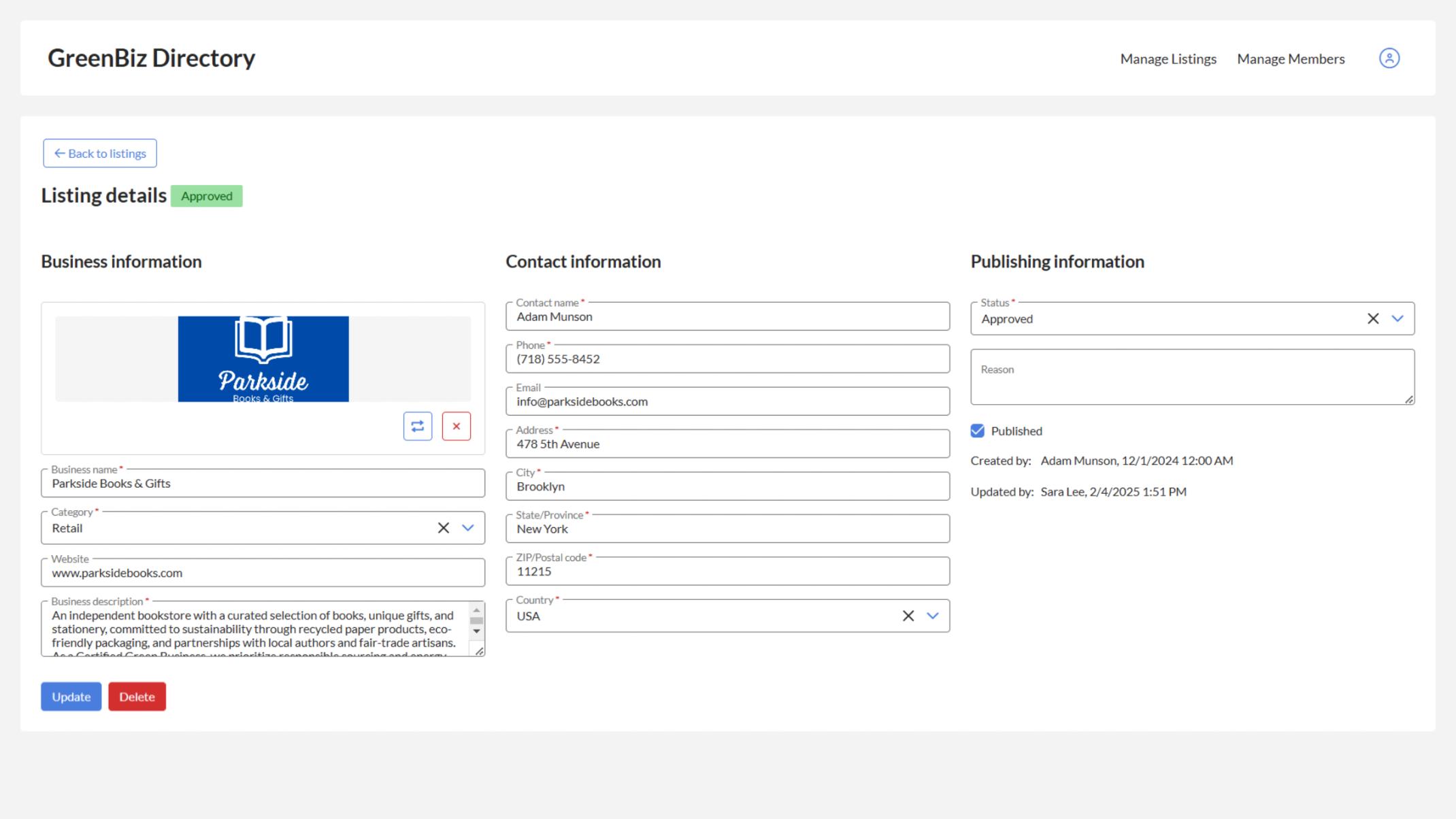 Admins can review and update business listing details to ensure accurate and up-to-date information for all entries.