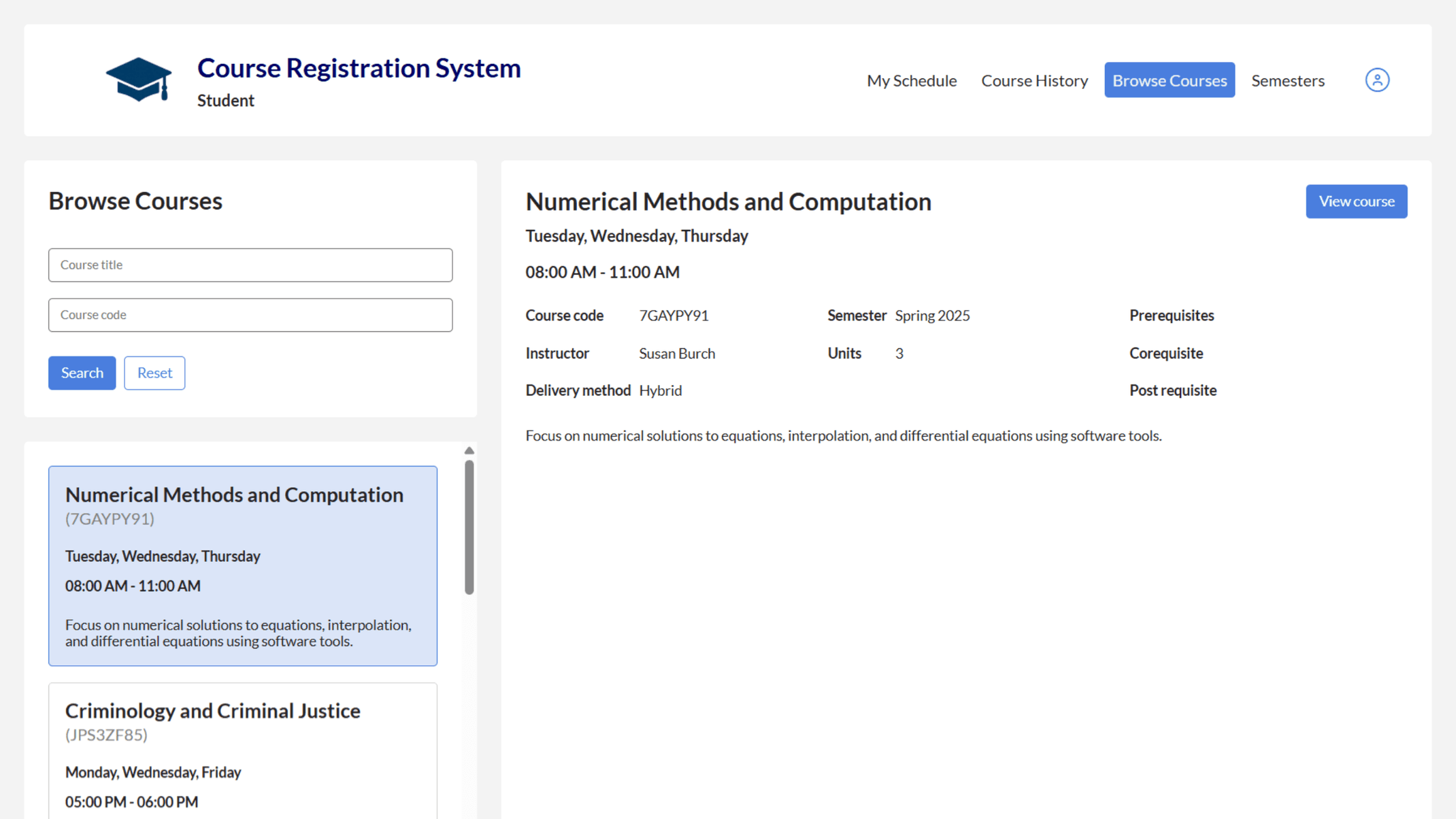 Students can search and browse available courses, accessing detailed information for each class before registering.