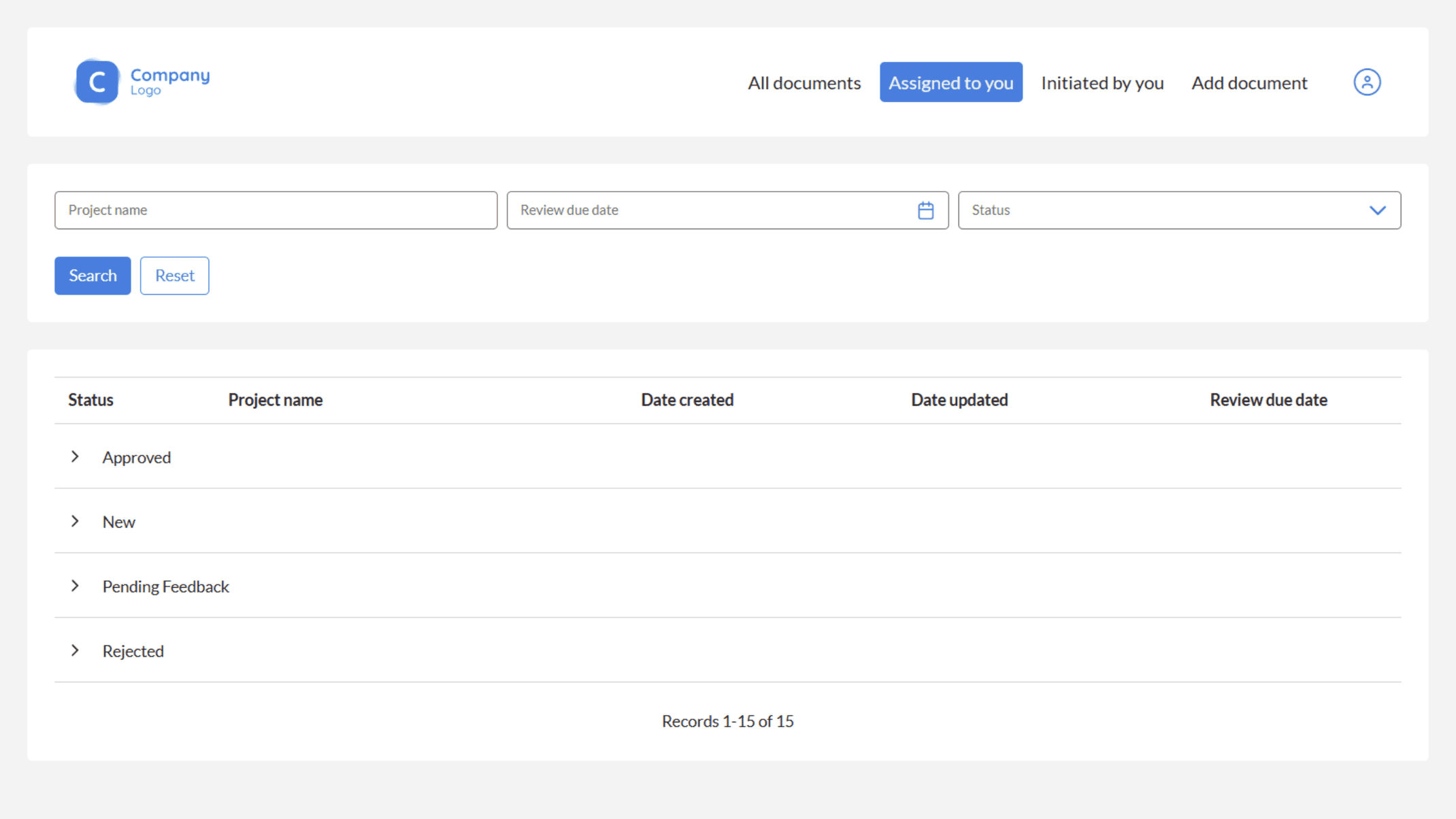 View documents assigned for review, organized by status, with filters for project name and review due date to help reviewers manage feedback and approvals efficiently. 