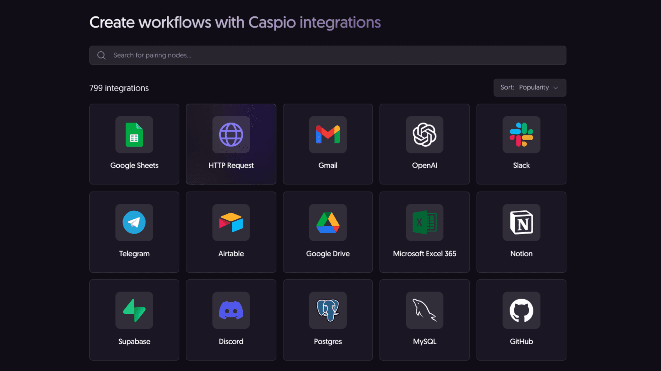 n8n marketplace screen showing Caspio integration options.