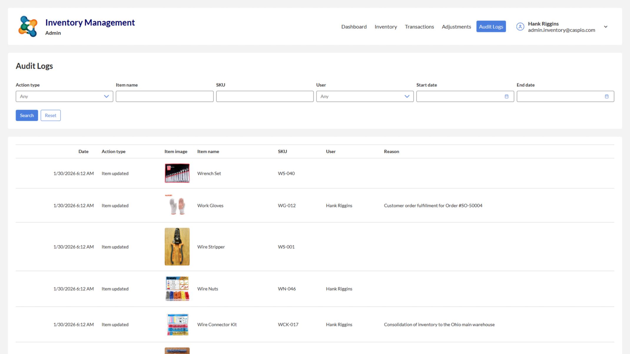 Admin can view audit logs displaying inventory actions, including manual adjustments and item visibility changes, filtered by action type, item name, SKU, user, and date range.