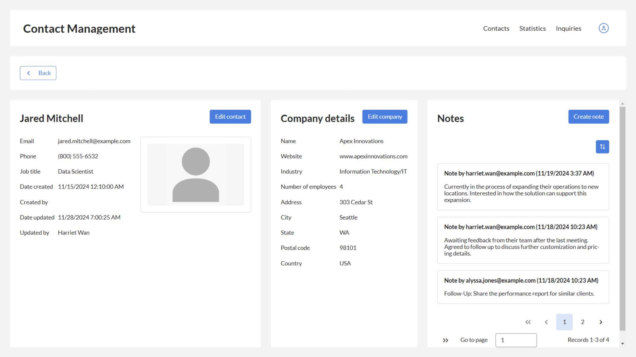 Contact profile page offers a drilldown into contact details, company information and interaction history.