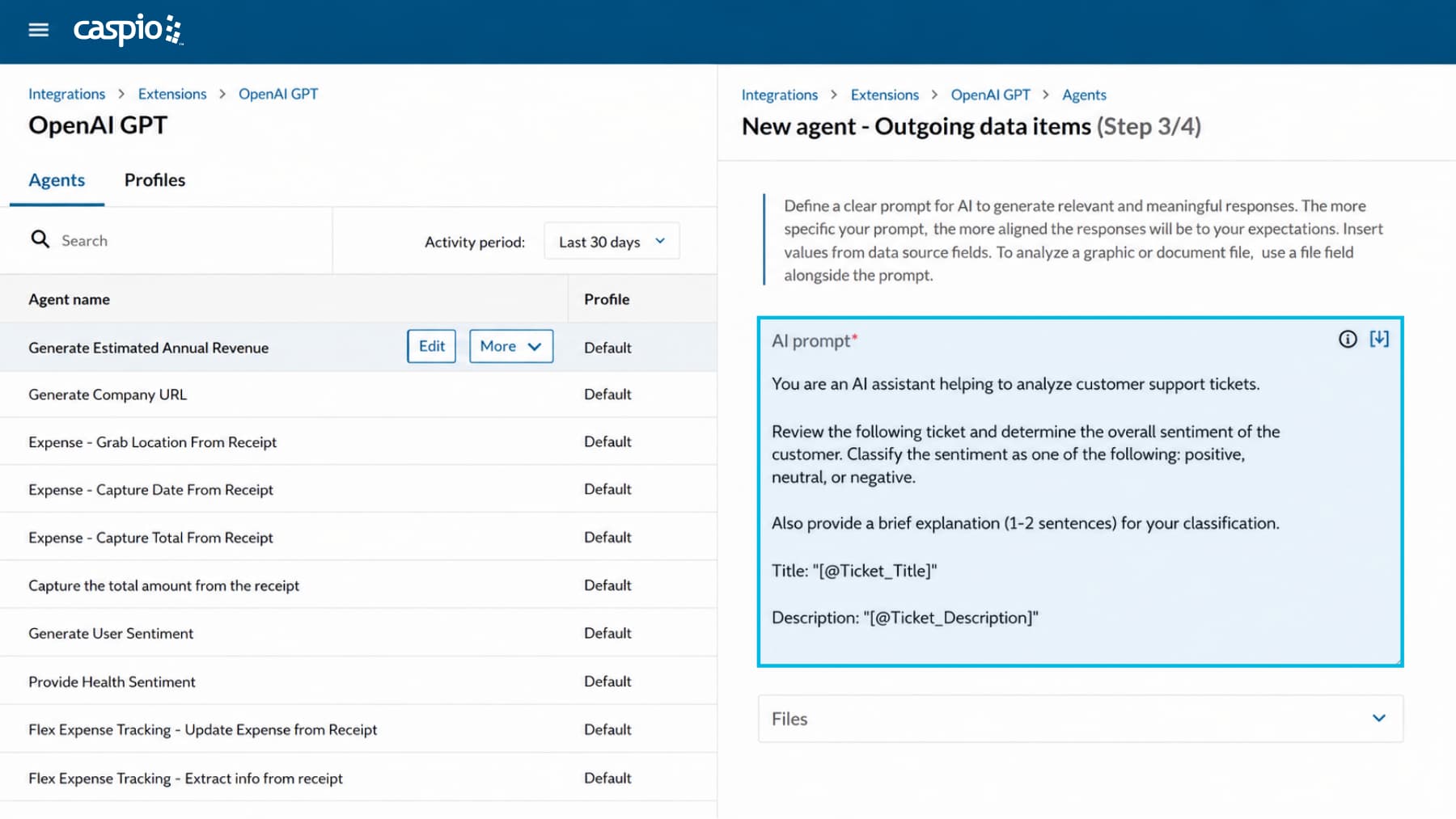 New agent setup screen in Caspio's OpenAI GPT extension, showing an AI prompt that classifies support ticket sentiment as positive, neutral, or negative.