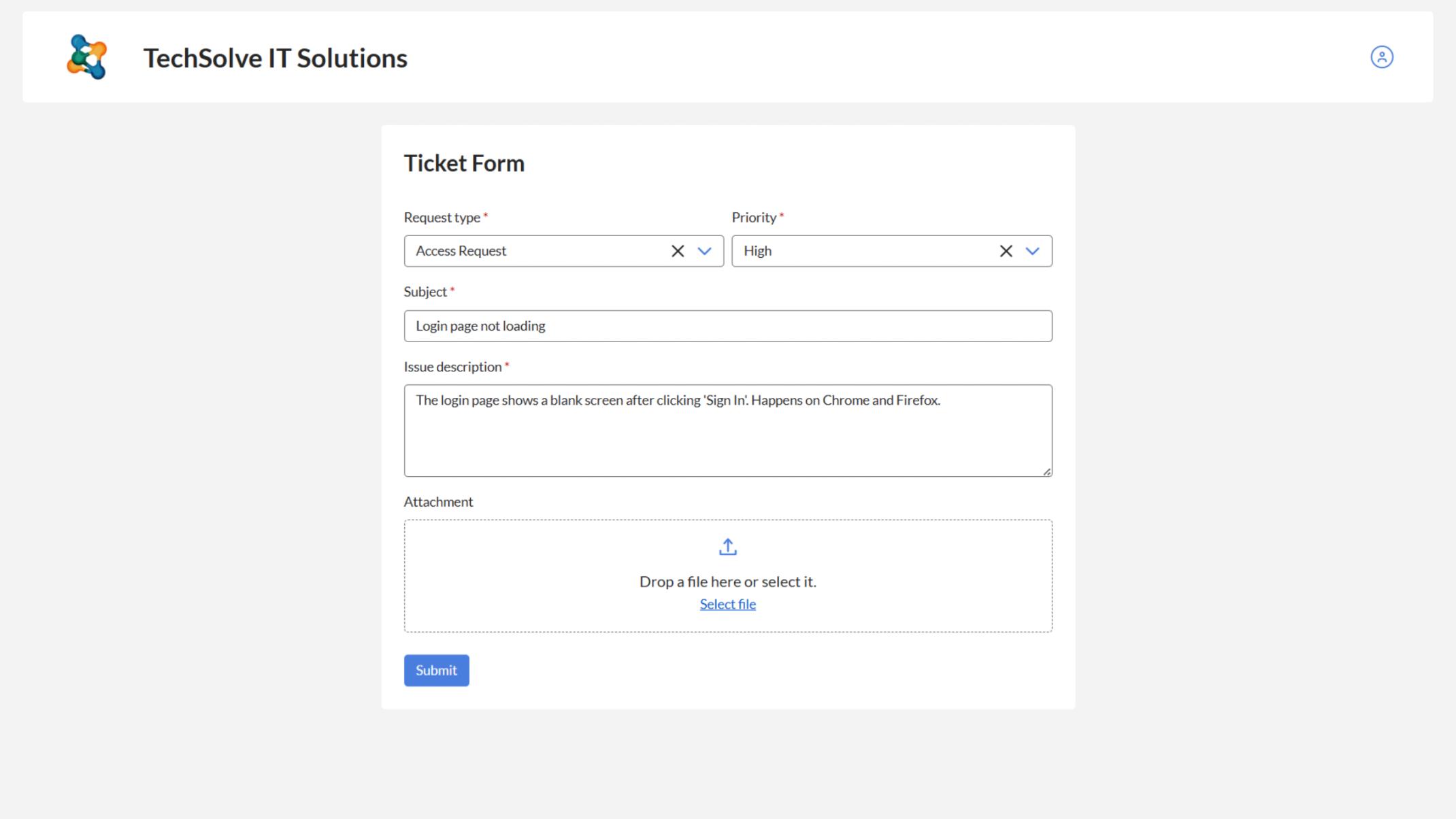 Users can enter issue details including name, email, issue category, description, and urgency.
