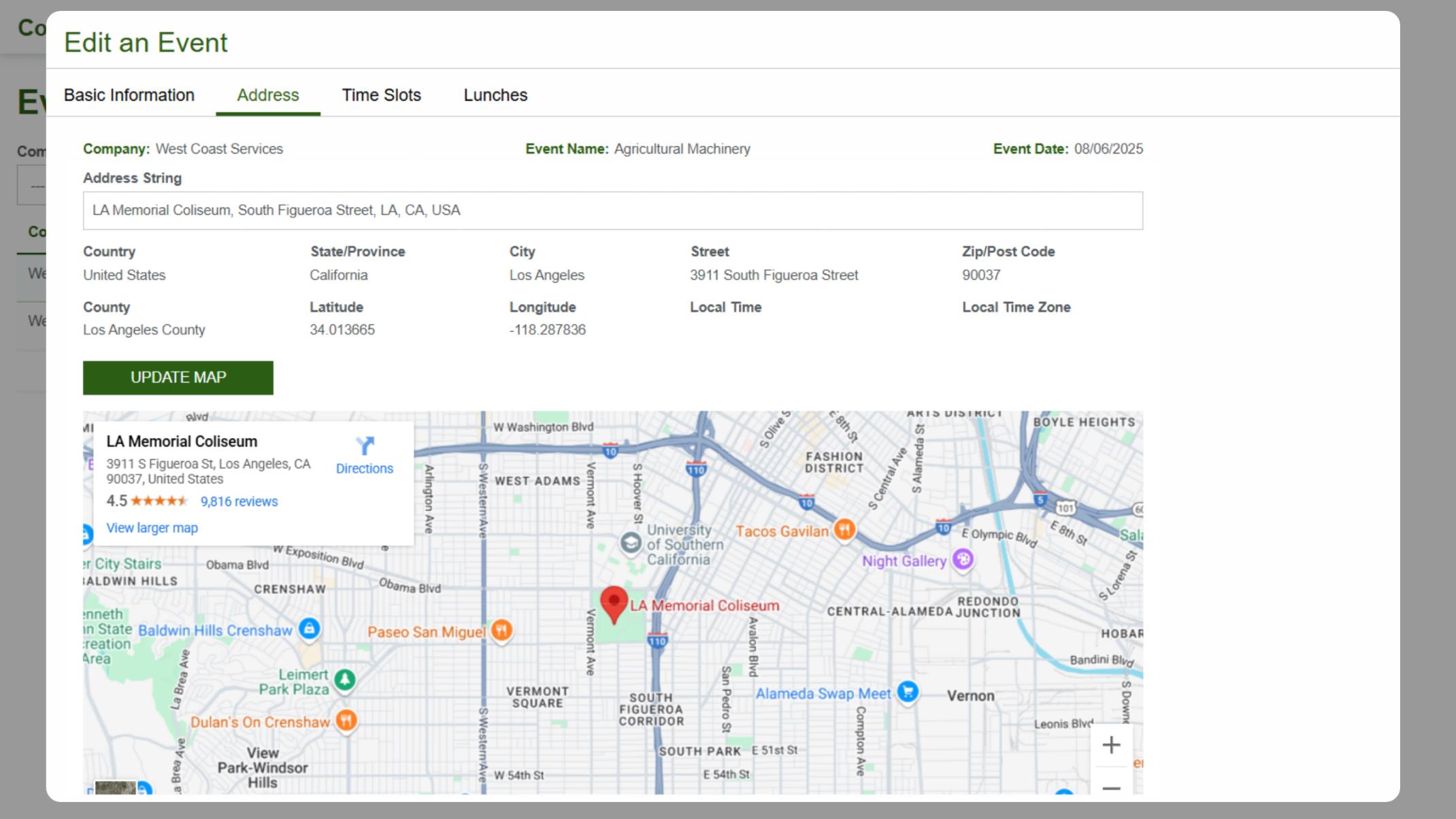 Screenshot of the Address tab in the Edit Event form, showing event location details and an embedded Google Map for the LA Memorial Coliseum.