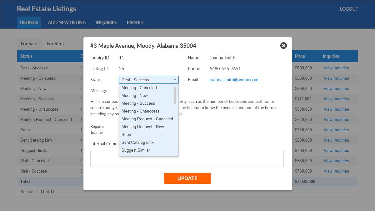 Screenshot of a real estate listing app with a drop-down list of event types in an online rental property process.