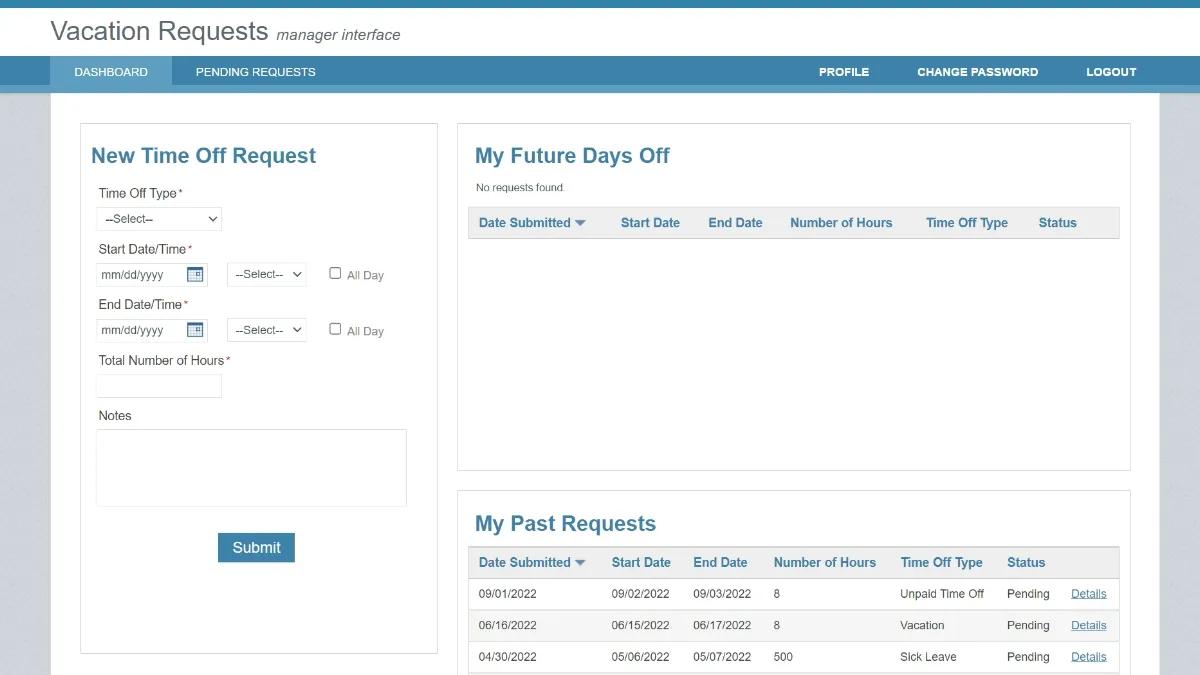 Screenshot of a sample manager dashboard on Caspio's Employee Time Off Requests app.