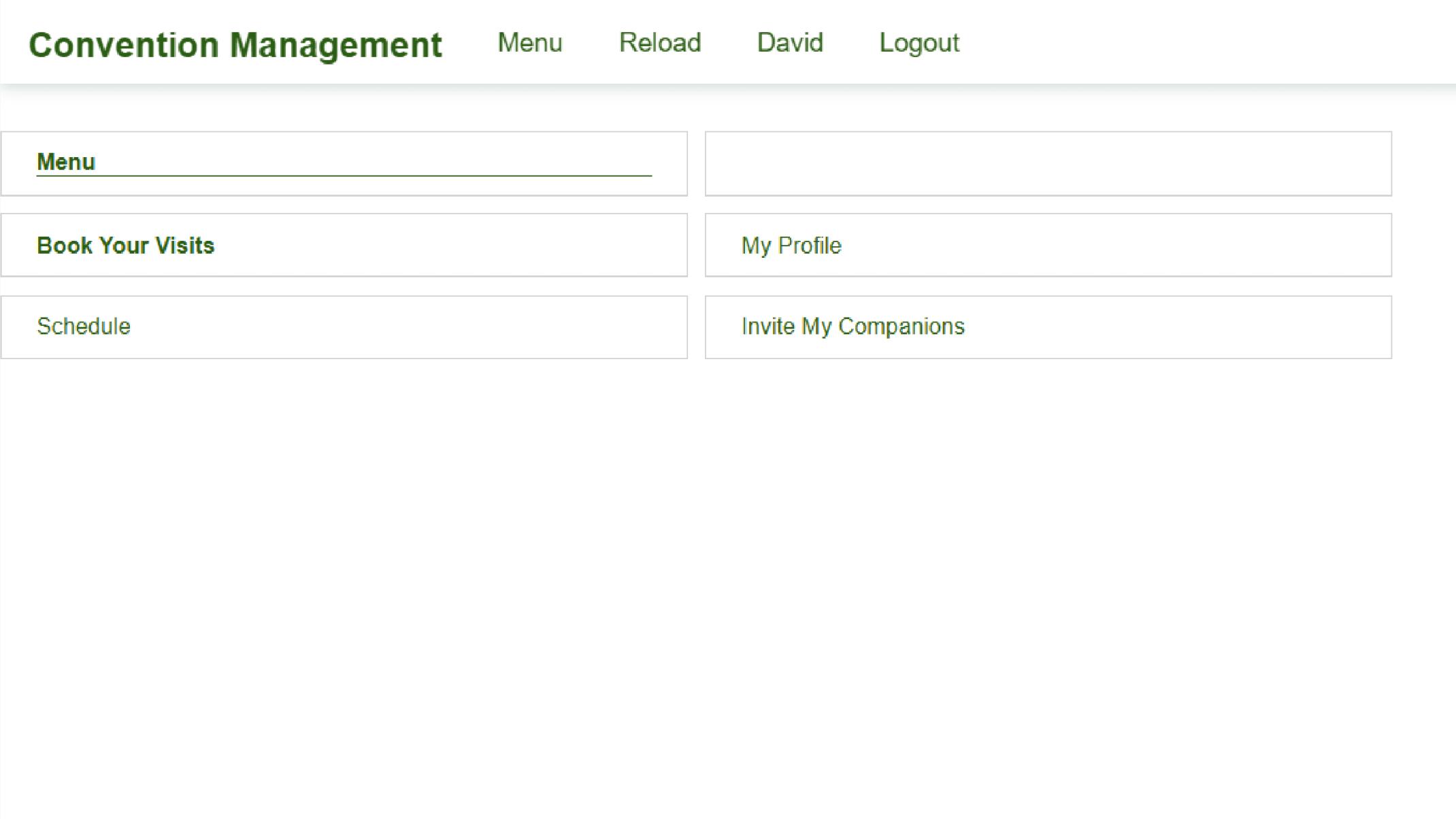 Screenshot of a Convention Management user dashboard displaying options for booking visits, managing profiles, viewing schedules, and inviting companions.
