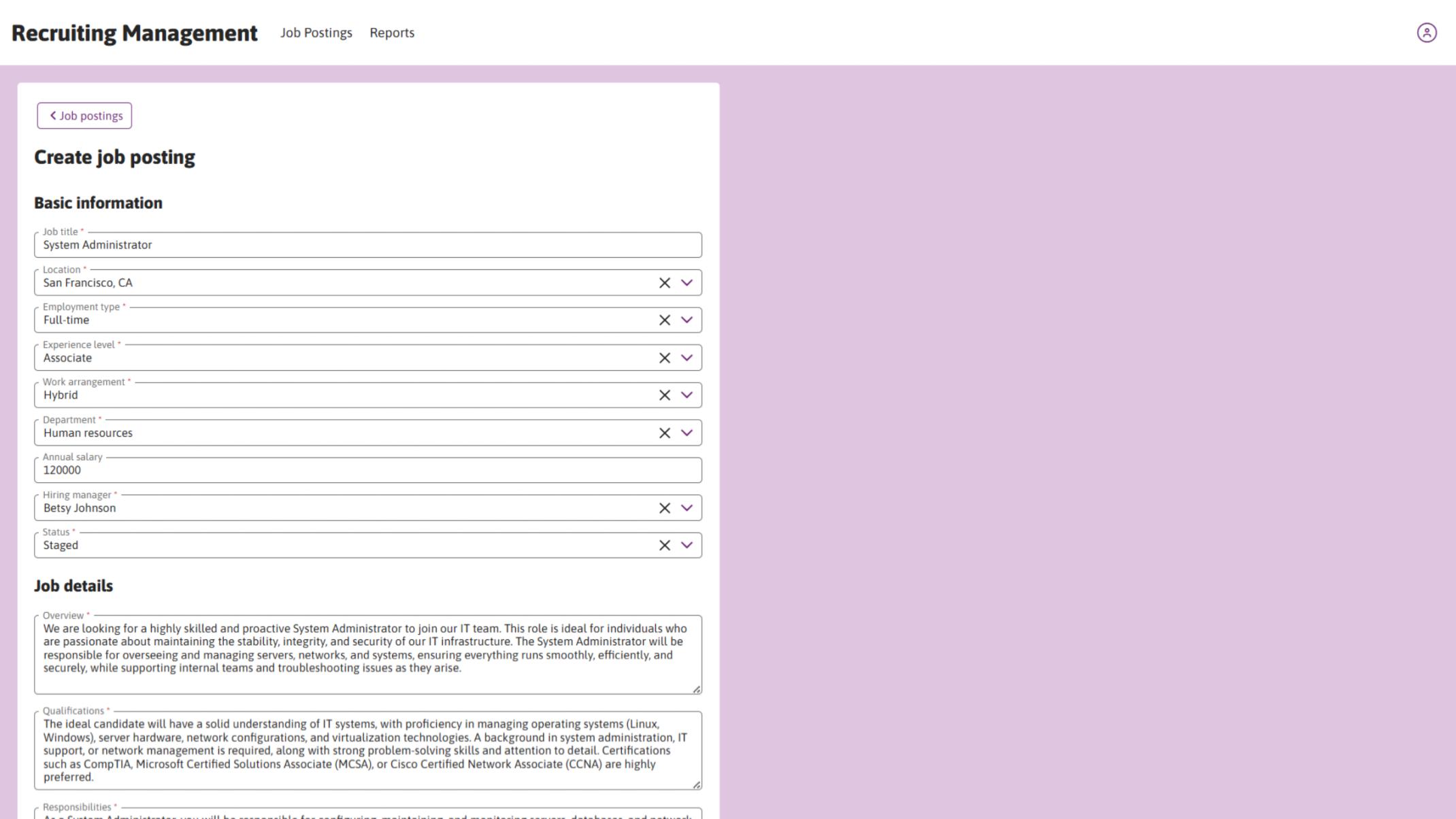 HR can easily create a new job posting by filling out a form with basic information and job details.