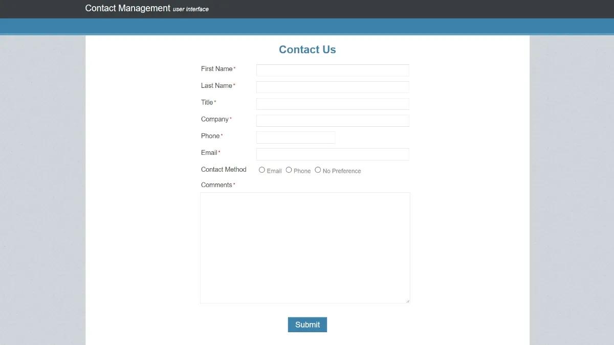 Screenshot of a sample "Contact Us" form on Caspio's Contact Management app.