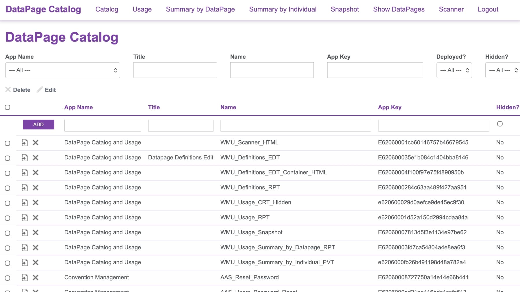 DataPage Catalog list in the DataPage Usage Tracker listing app name, App Key, deployed and used-once flags, last used date, and cost.