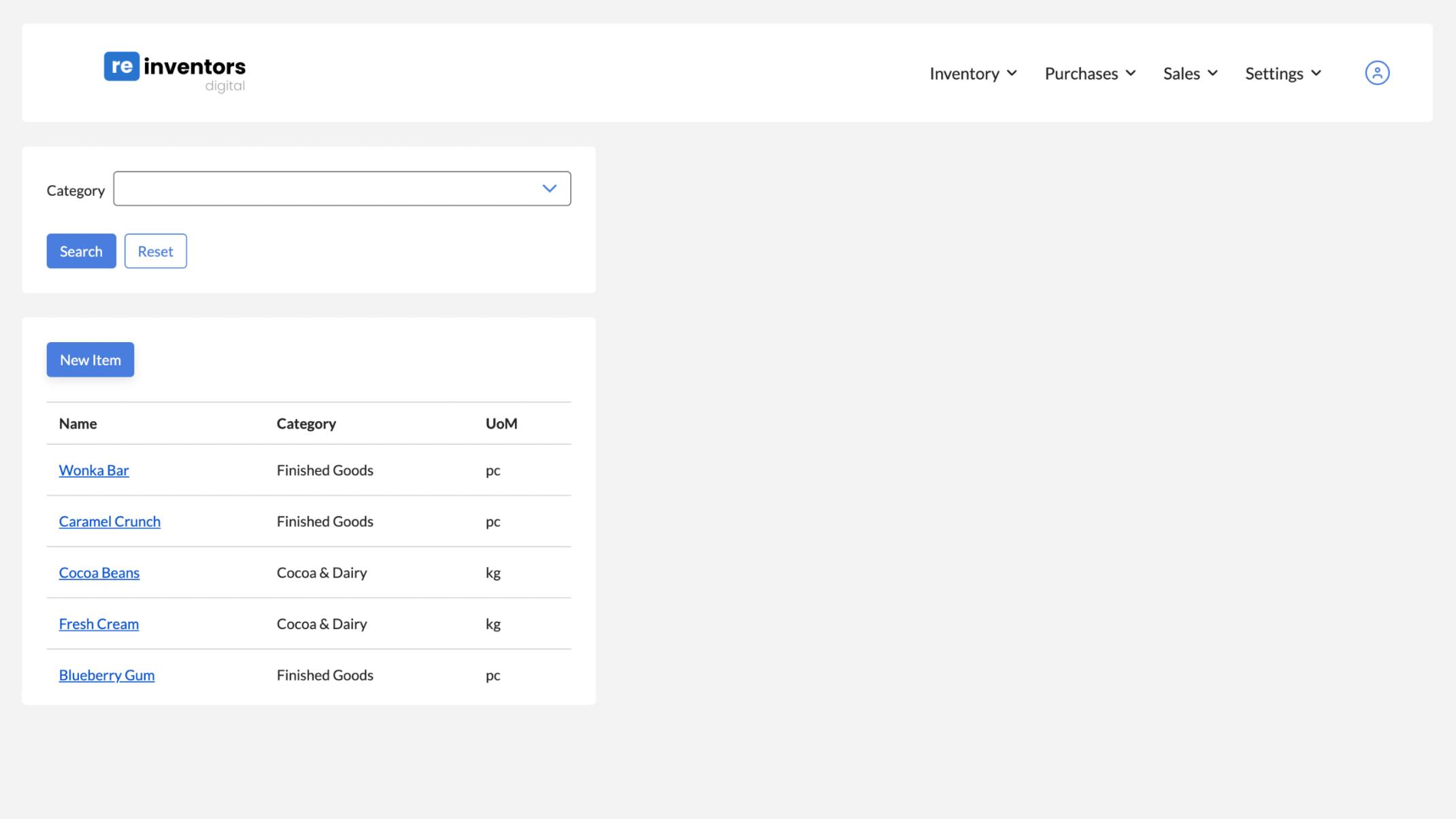 Screenshot of an inventory view in Reinventors' Inventory Control app.