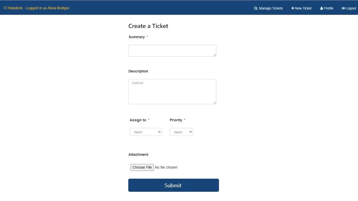Screenshot of a sample "Create a ticket" form on Caspio's IT Helpdesk app.