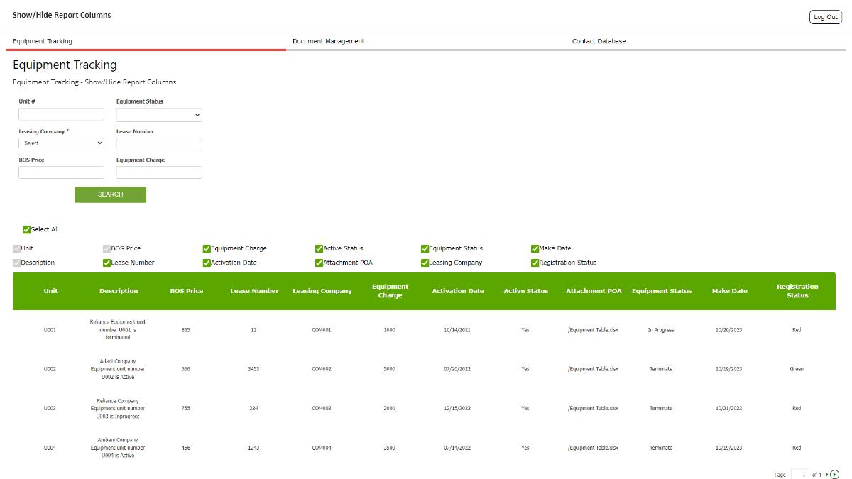 Screenshot of a sample "Equipment Tracking" page using Yvthinkers' Show/Hide Report Columns customization.