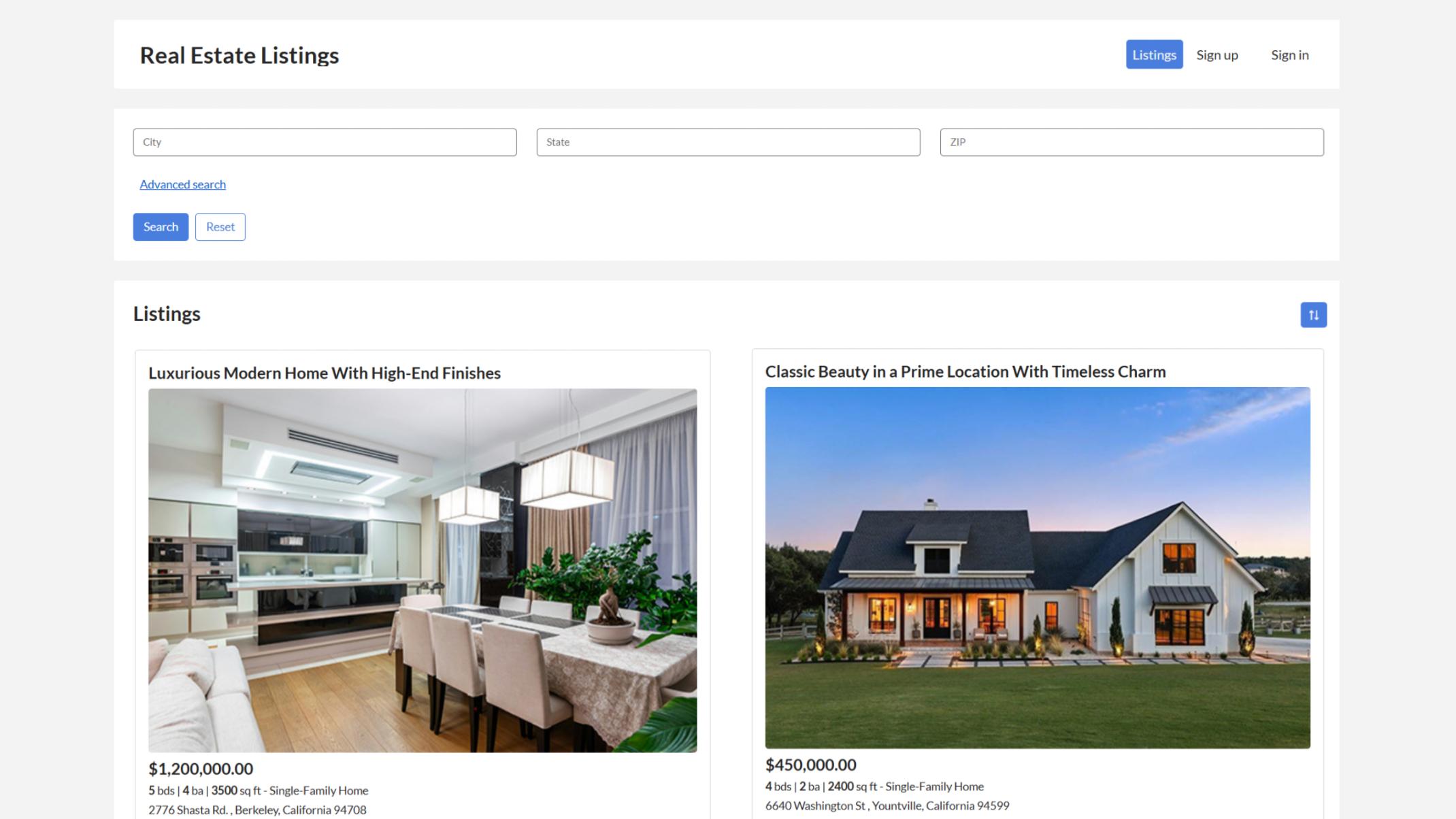 Customers can browse all published real estate listings in a public-facing interface.