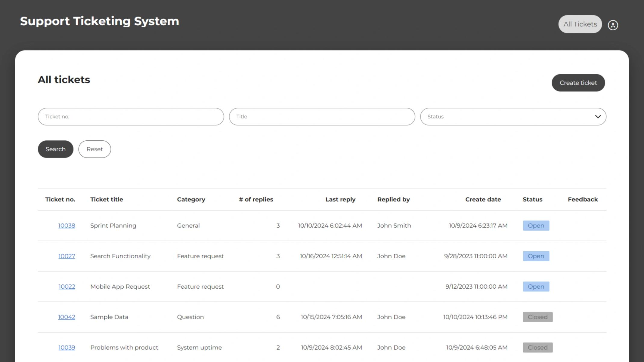 Support Ticketing System interface for customers to submit and track tickets.