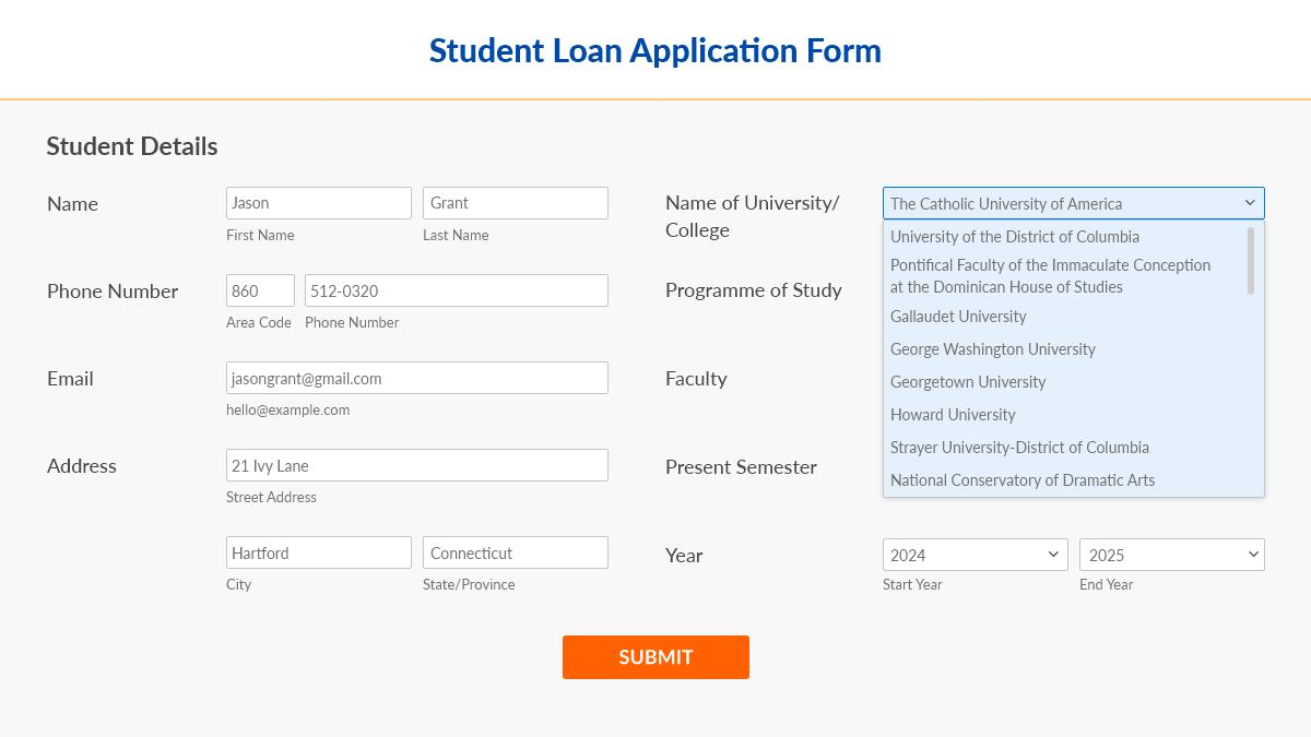 Screenshot of a student loan application form with a drop-down list of higher education institutions in the US.