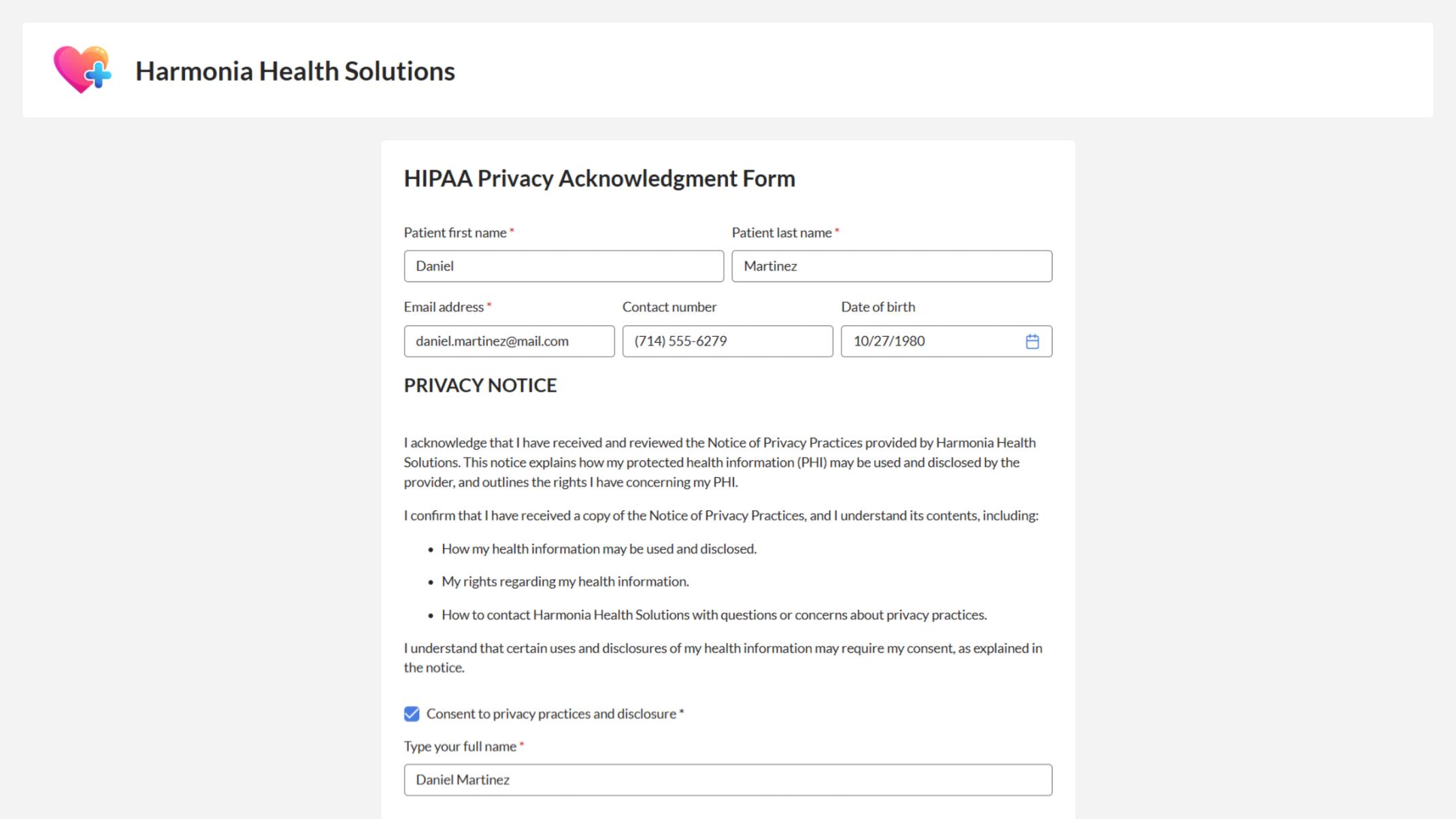 Displays patient name, date, signature field, and statement of acknowledgment