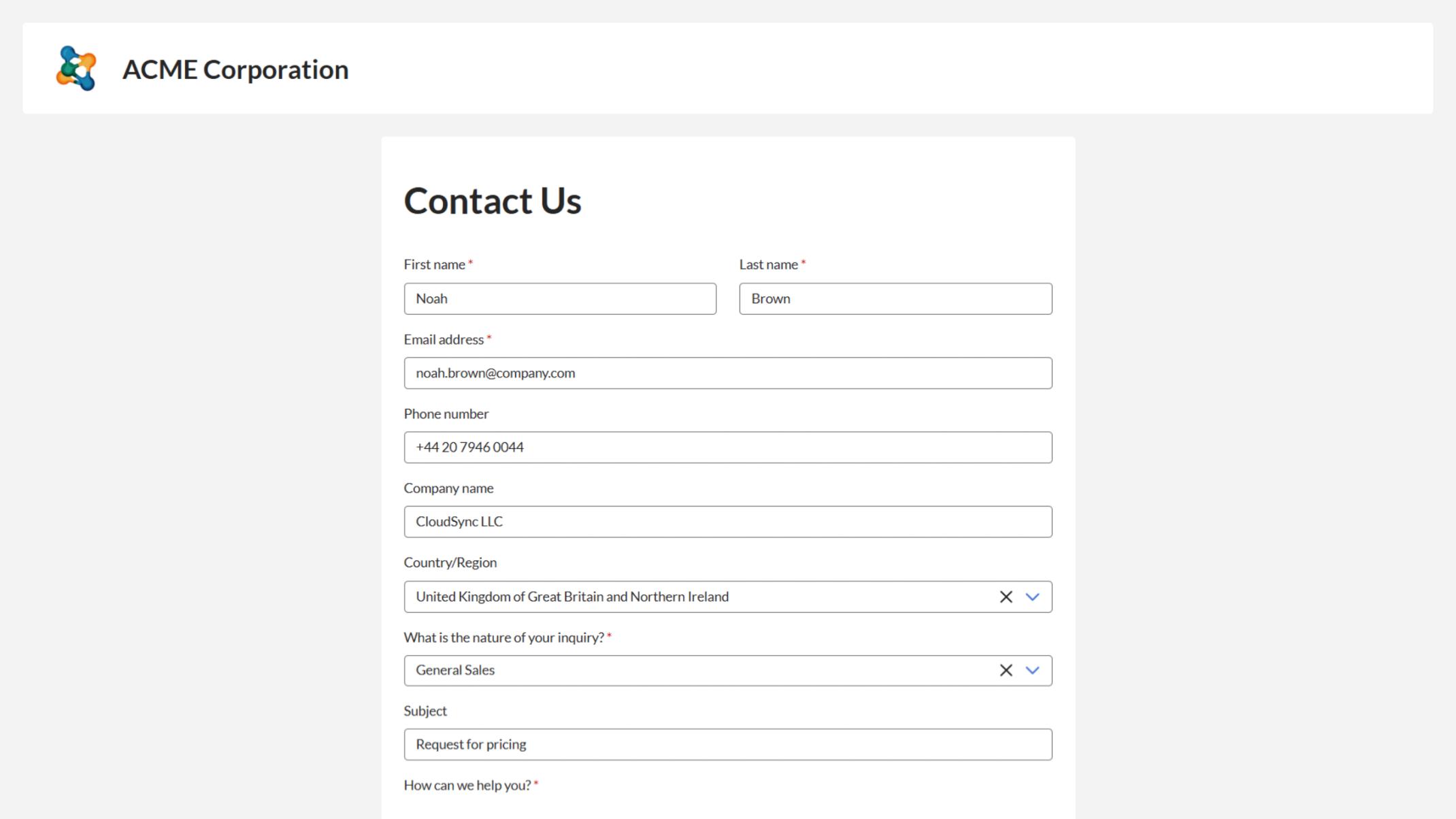 Displays a modern, responsive layout with labeled fields for Name, Email, Subject, and Message.