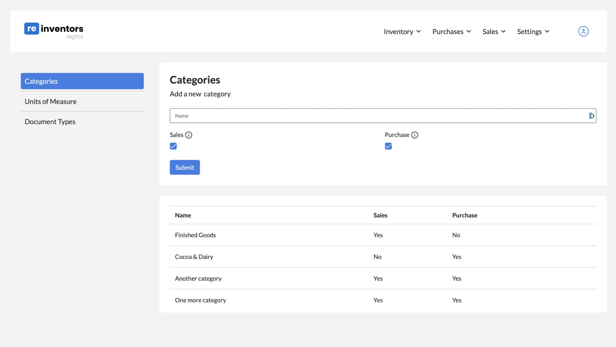 Screenshot of admin view of categories in Reinventors' Inventory Control app.