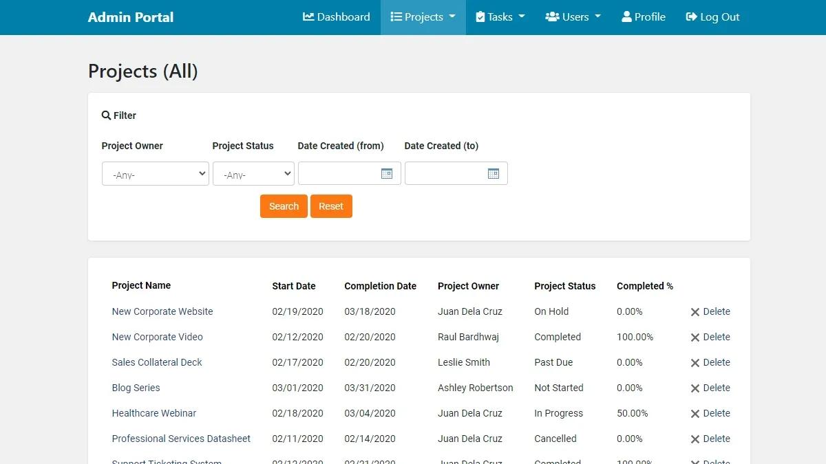 Screenshot of a sample projects database on Caspio's Project Management app.