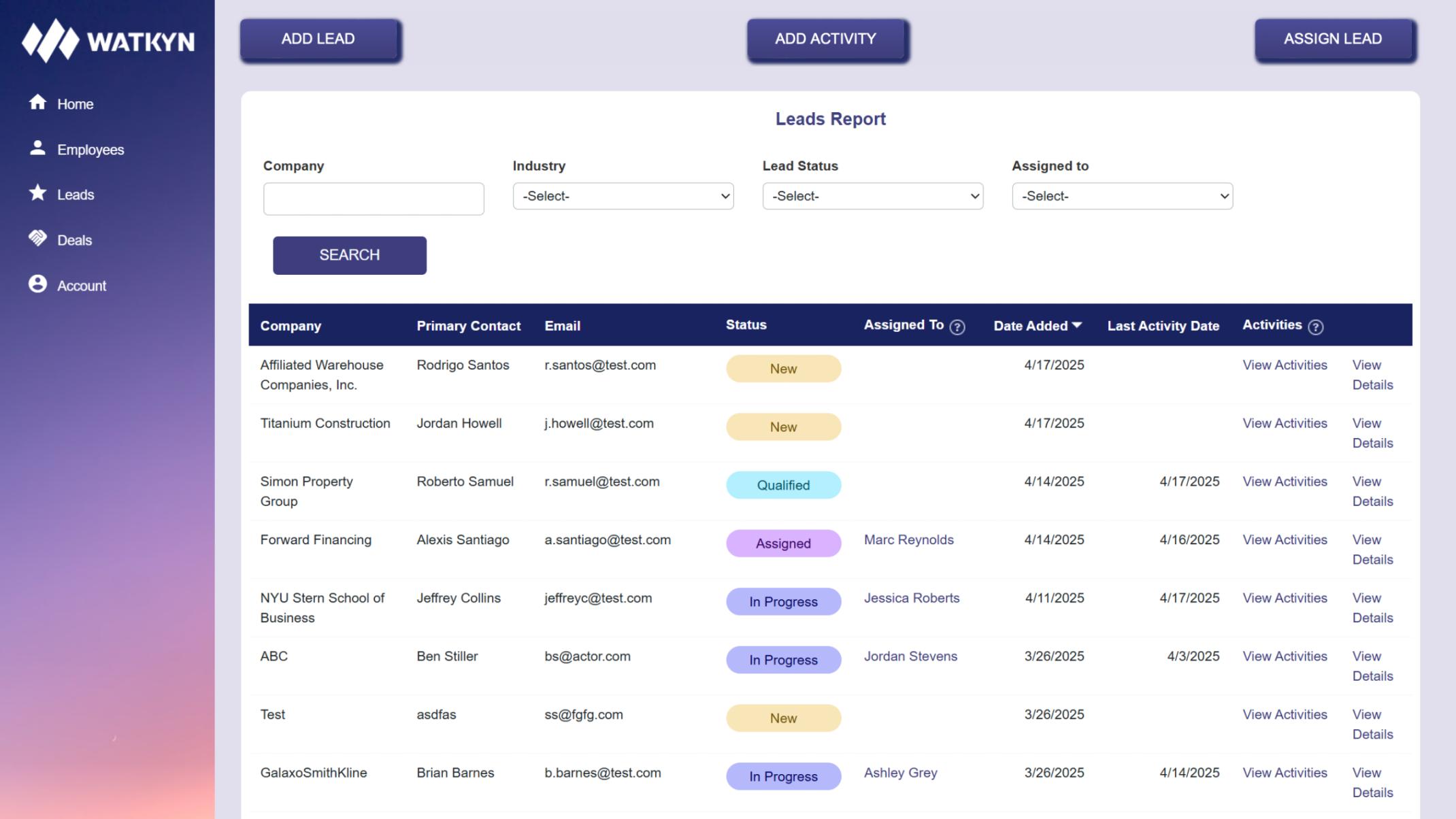 Screenshot of a sample admin leads view on Watkyn's Starter CRM app.