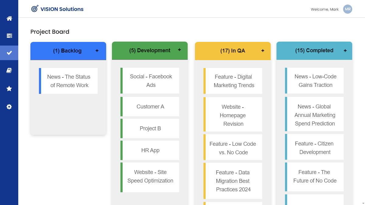 Screenshot of a sample project management app using Caspio's Kanban Board customization.