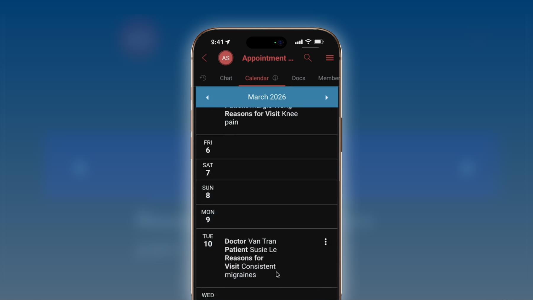 Dome Mobile App showing monthly calendar view on smartphone with appointments by day.