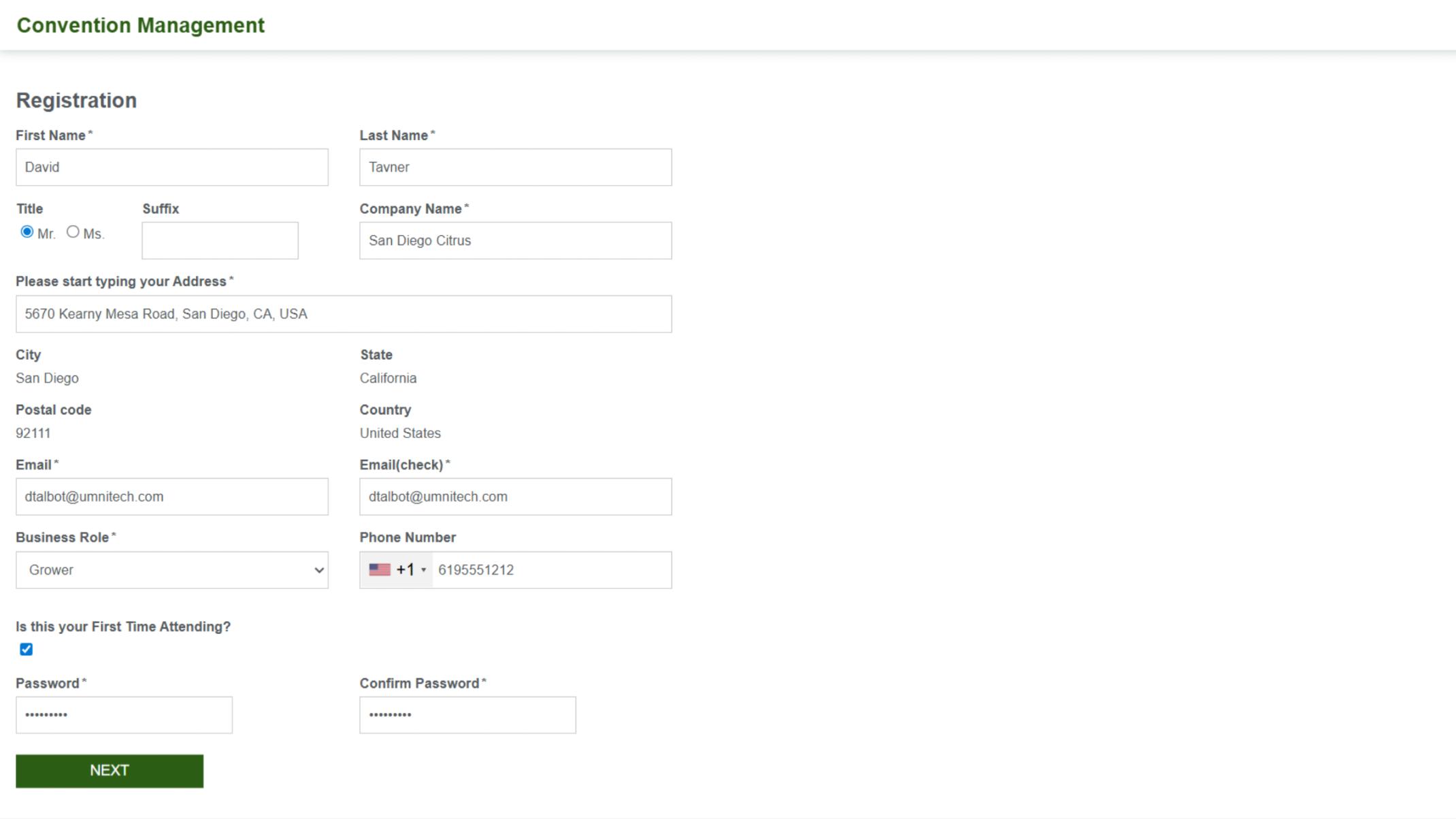 Screenshot of the Registration form in a Convention Management system, capturing user details including name, address, company, contact info, role, and password.