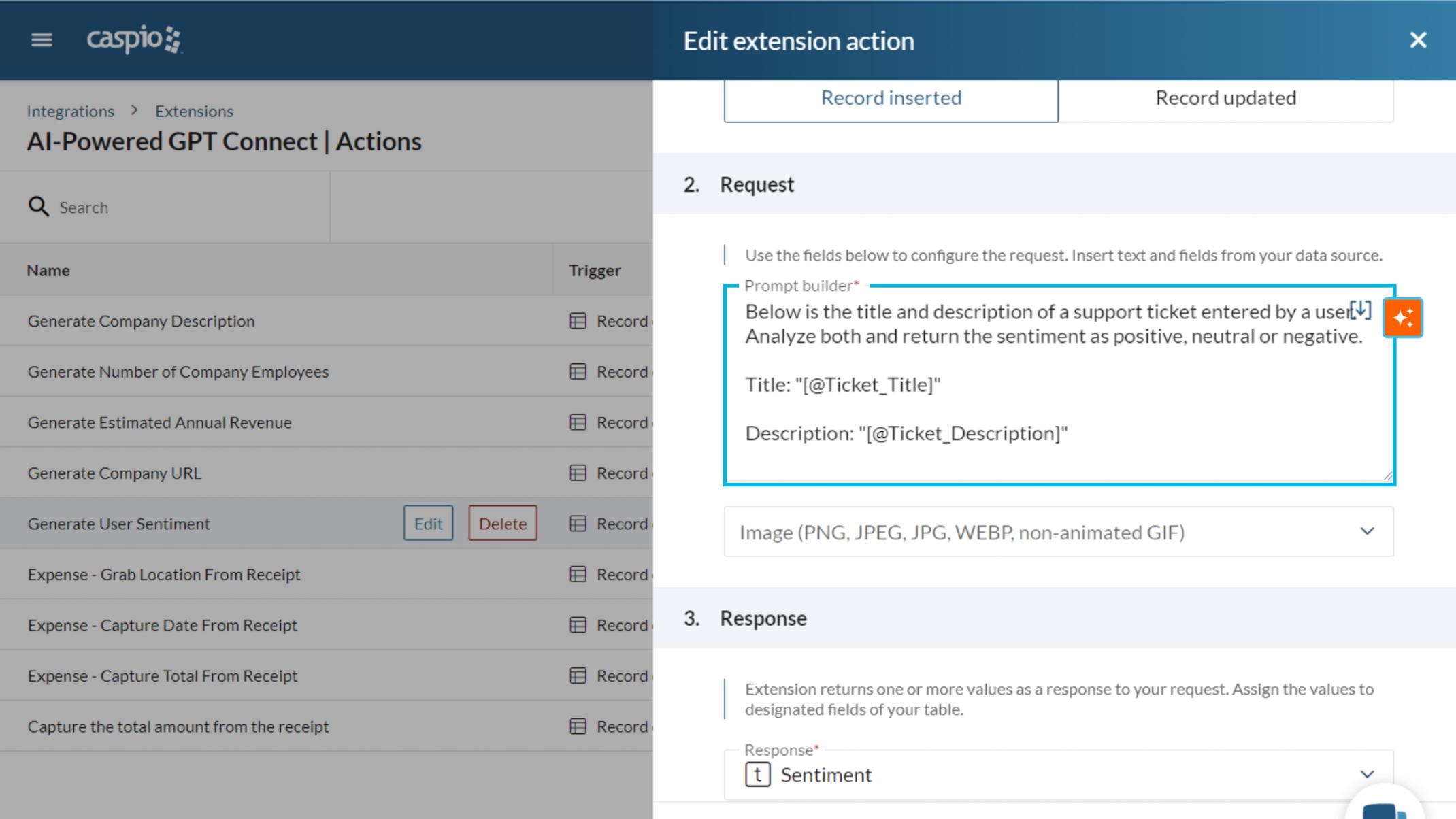 AI-powered prompt performing sentiment analysis on a support ticket.