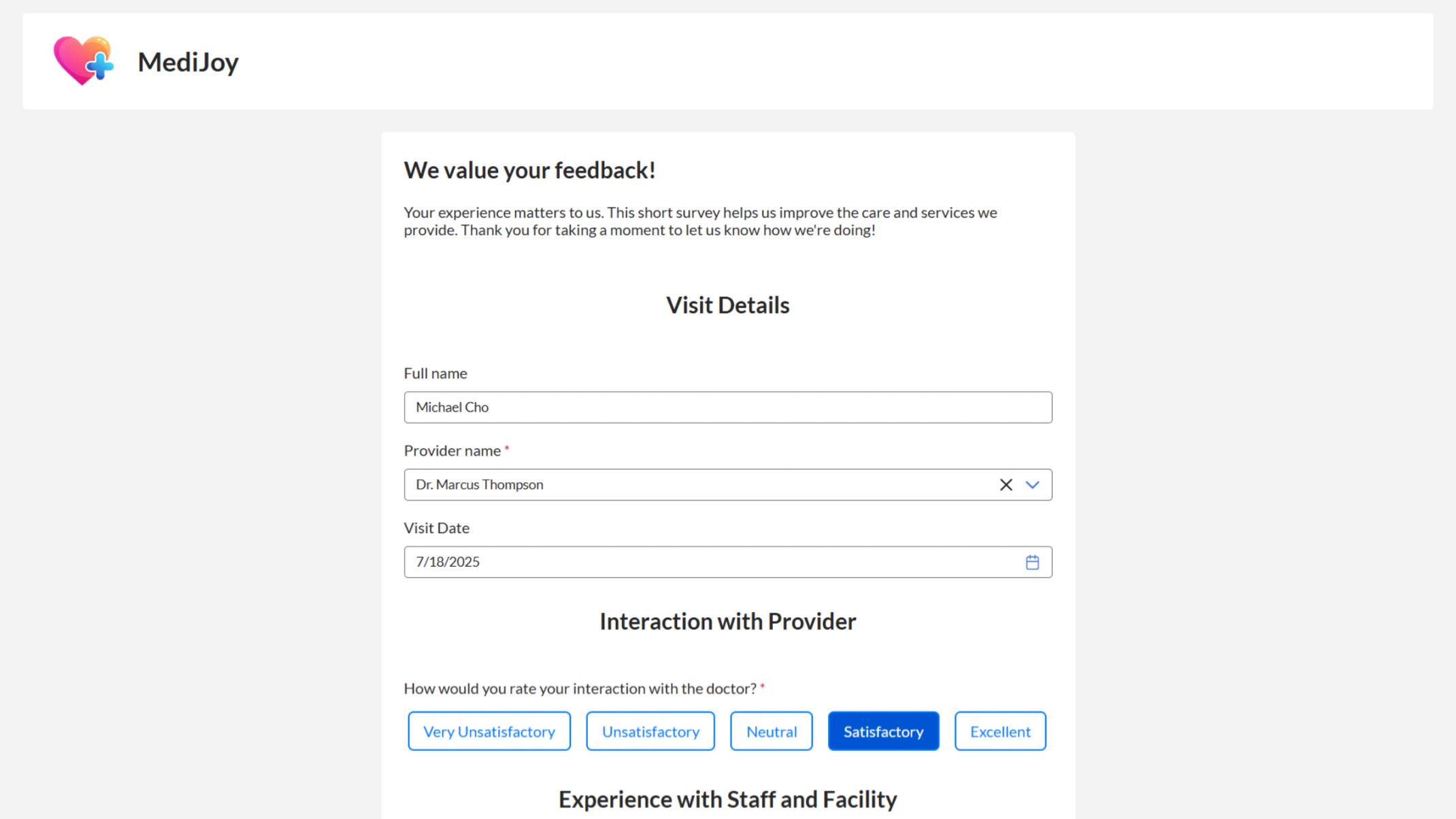 Displays satisfaction scale, multiple-choice, and open-text feedback questions.