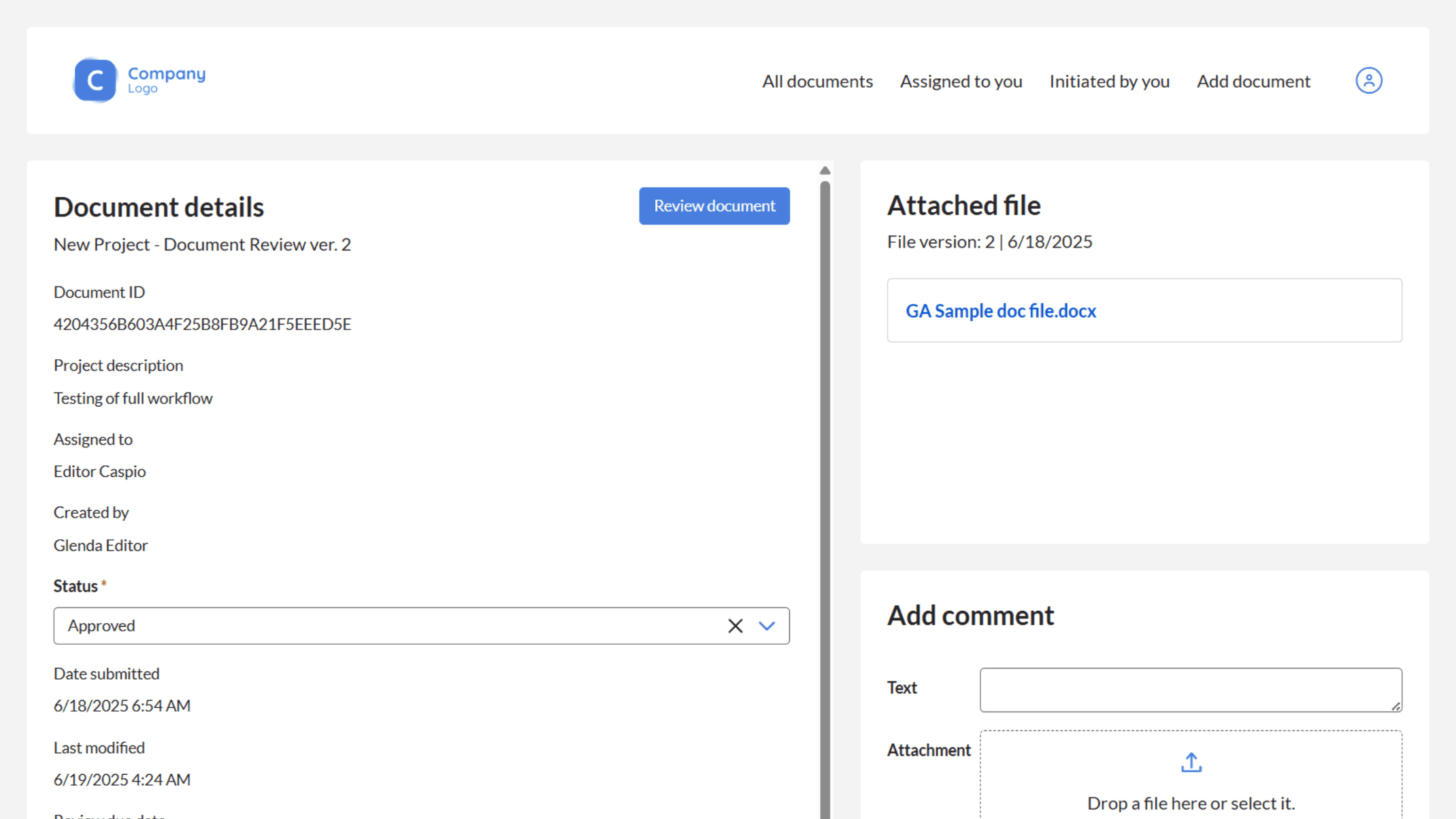View complete document details, attached file versions, approval status, and reviewer comments in a single interface to support structured document review and accountability. 
