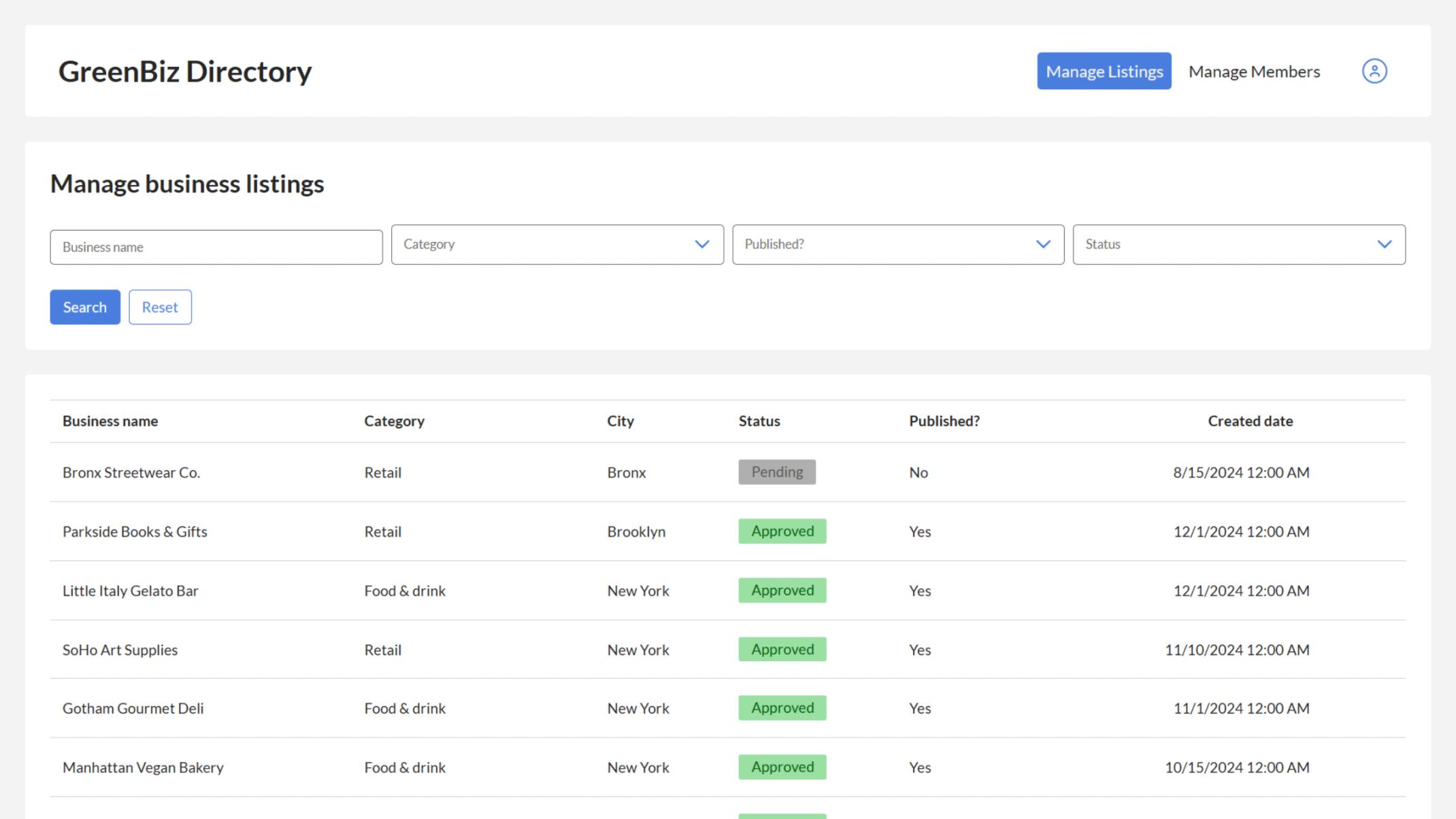 Admins can search and manage business listings with a searchable report.