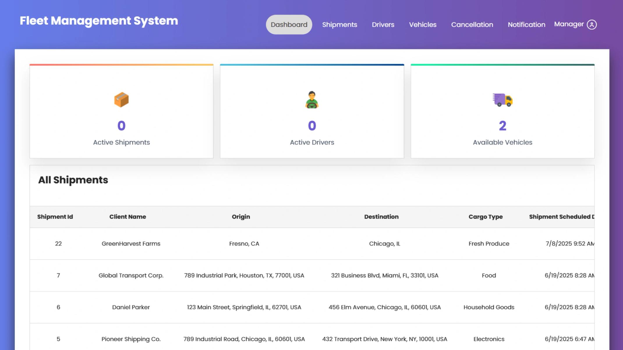 Dashboard displaying shipment, driver, and vehicle information with a shipment table.