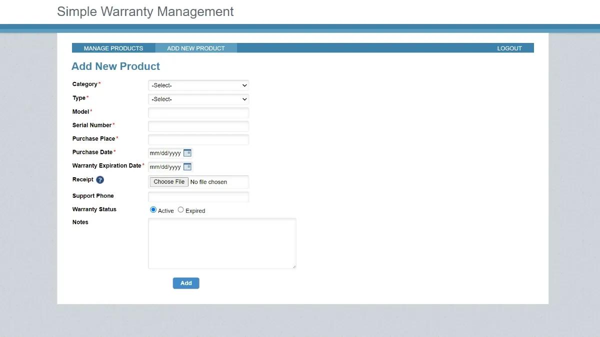 Screenshot of a sample "Add new product" form on Caspio's Simple Warranty Management app.