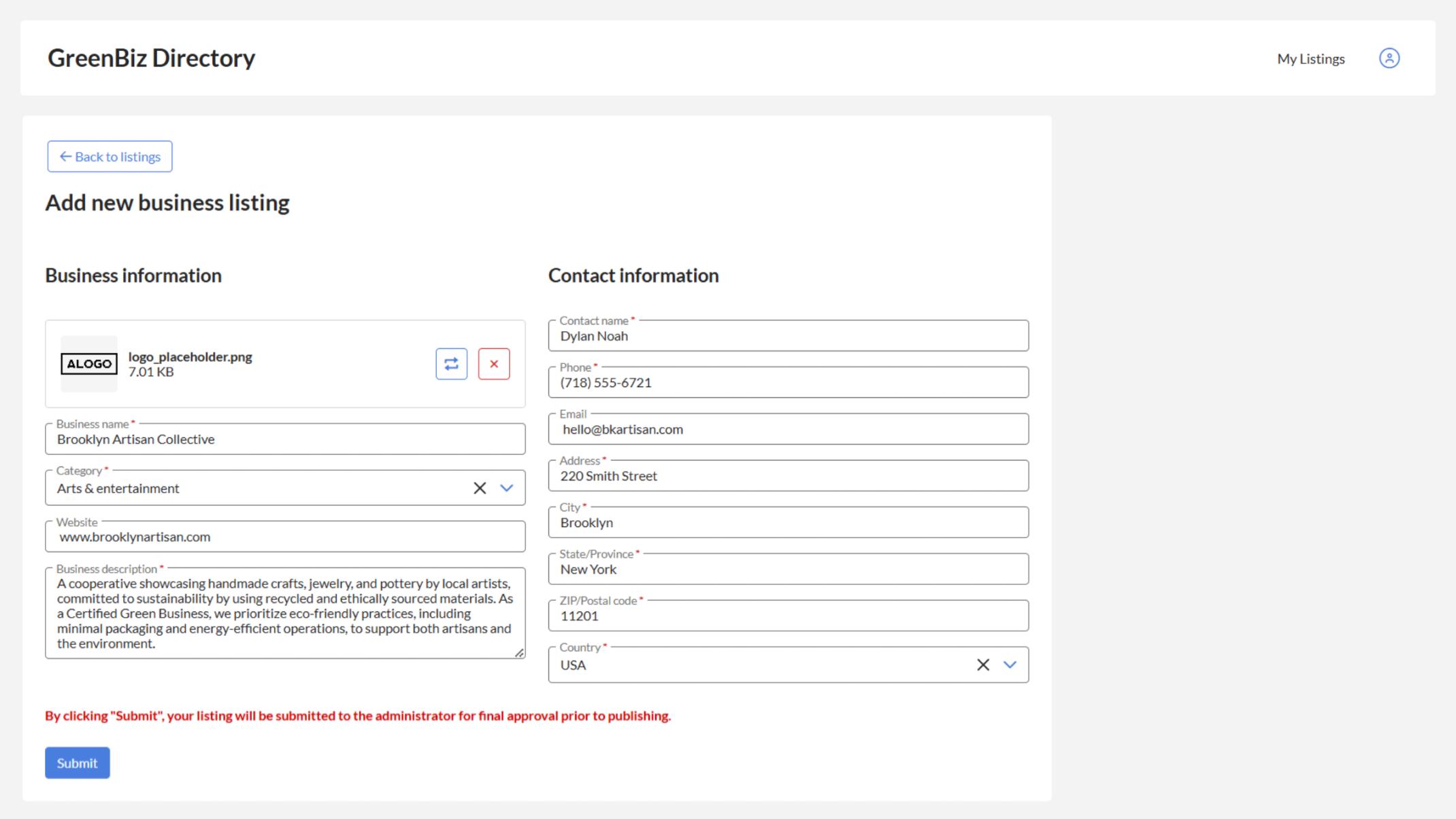 Members can create and manage their own business listing profile.