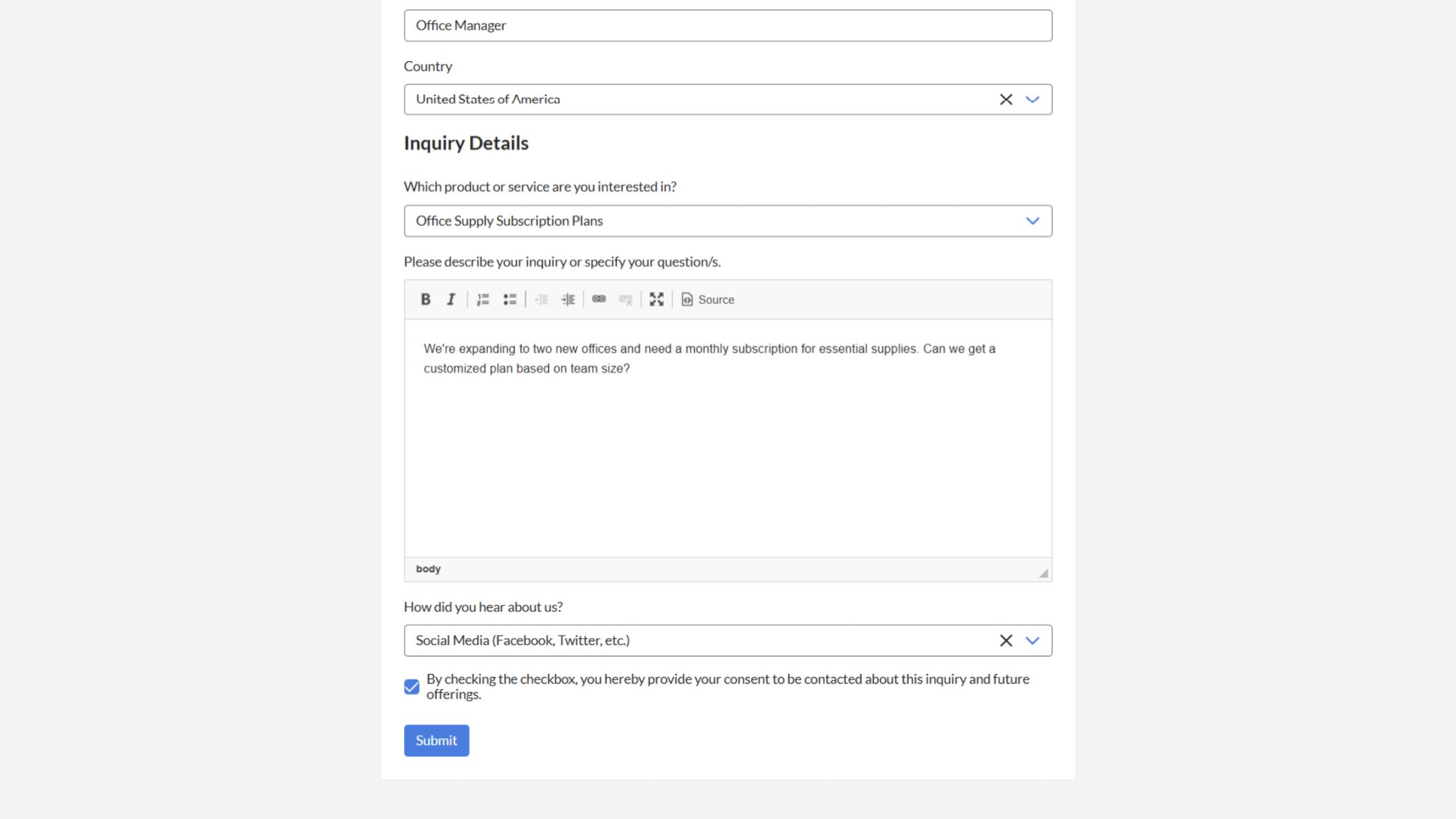 Showcases fields like name, company, contact information, and inquiry details.