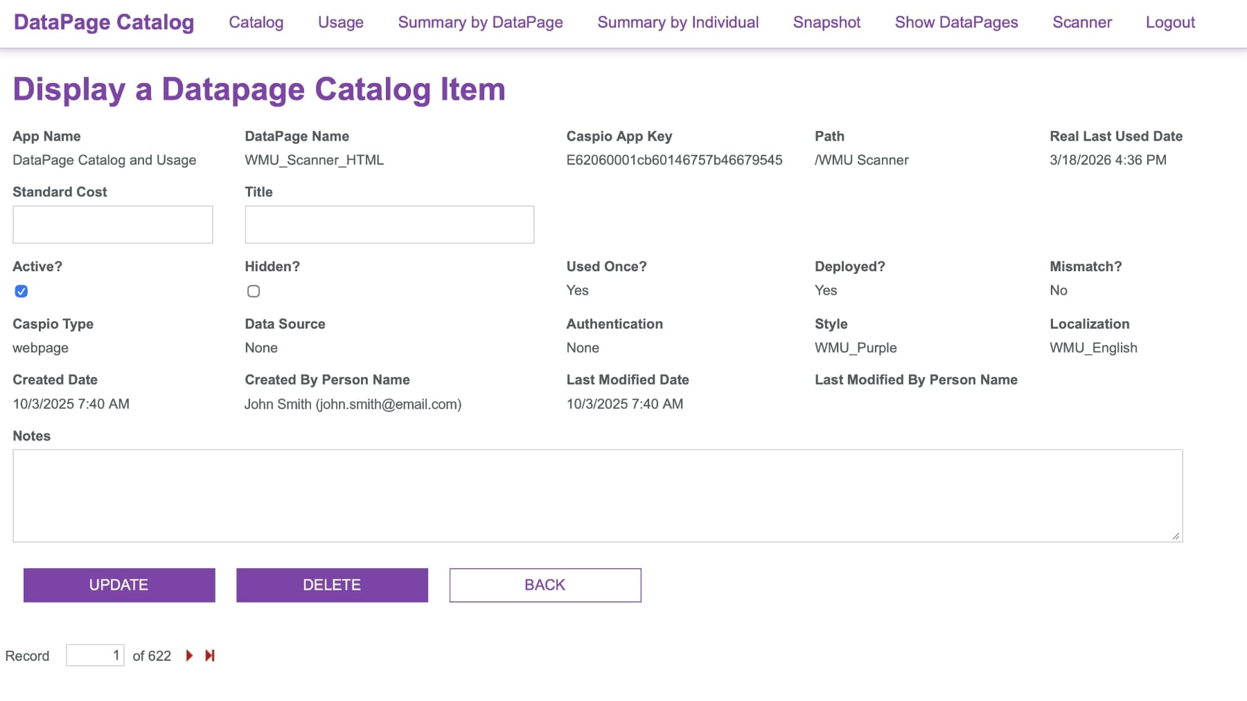 View of the DataPage catalog item detail panel, presenting App Key, path, data source, authentication, style, created date, and last modified date.