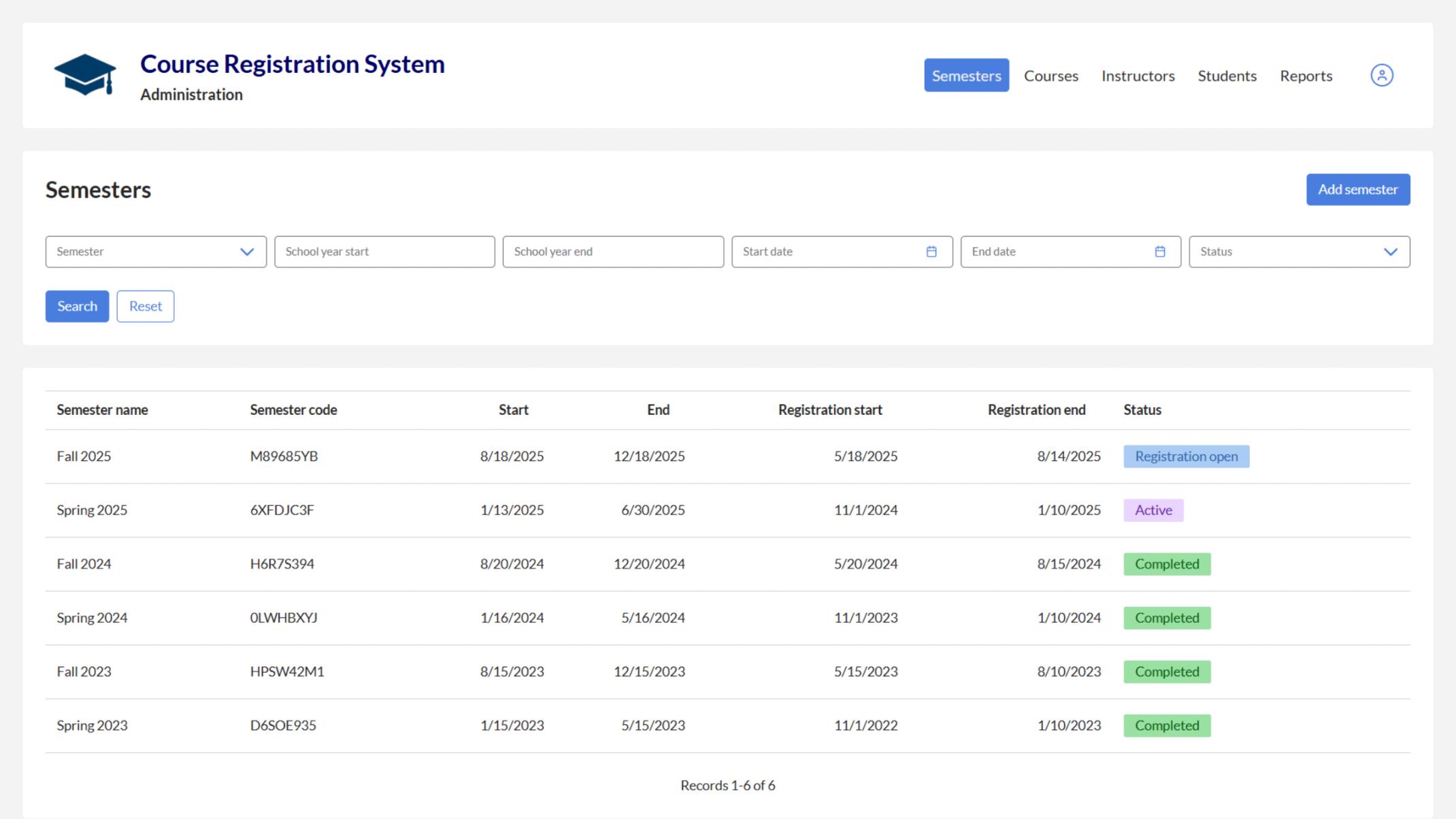 Administrators can easily view and manage all semesters, including their codes, dates, and current registration status.